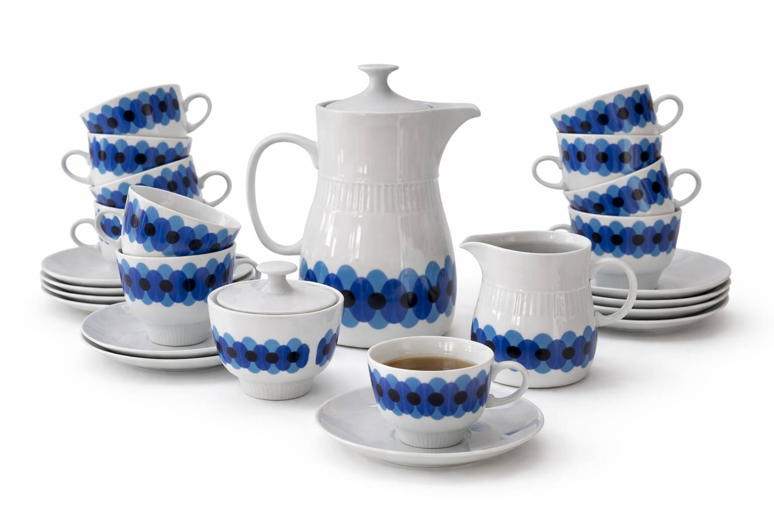 Service of 11 Coffee Cups and Saucers - 70s Design - White and Blue Porcelain