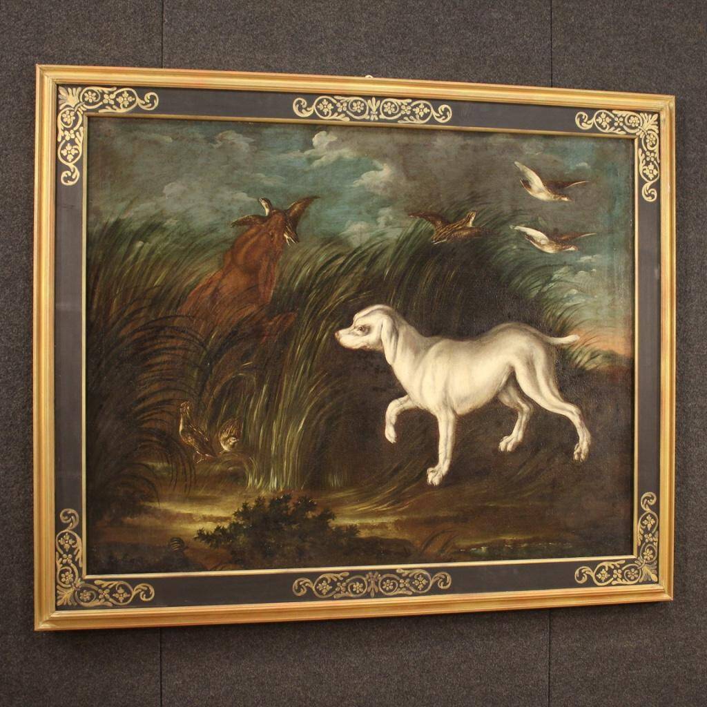 Peinture antique française paysage avec chien