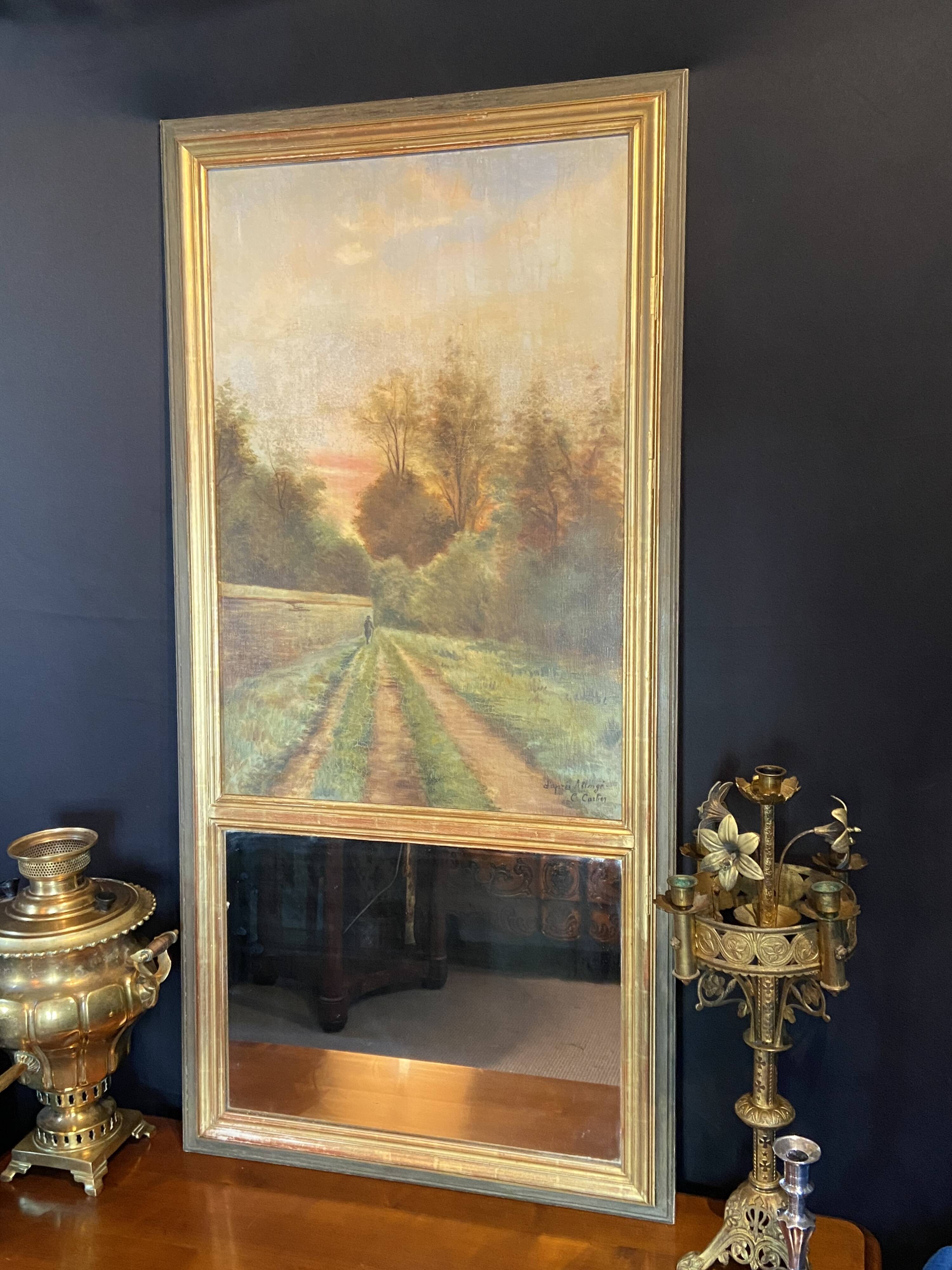 Late 19th century trumeau fireplace mirror painting signed Carlier country path