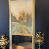 Late 19th century trumeau fireplace mirror painting signed Carlier country path