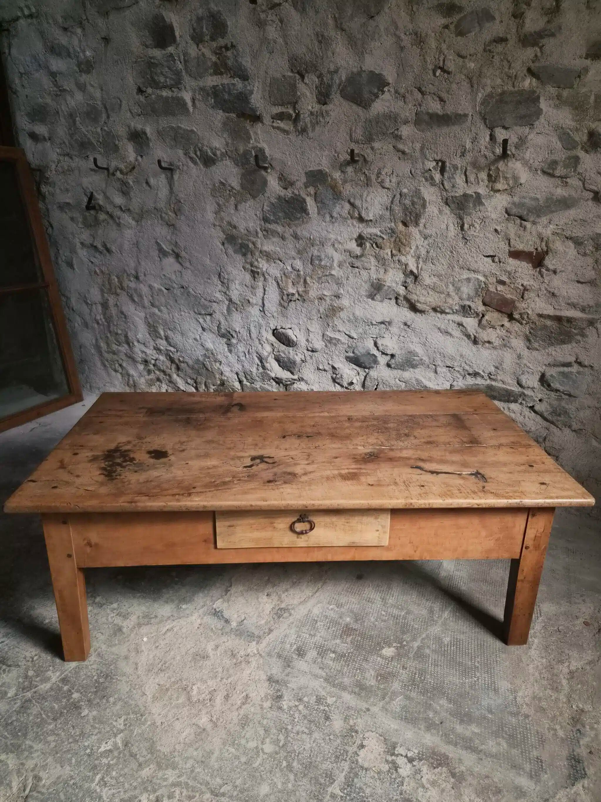 Antique cherry coffee table, rustic farmhouse table with drawer, circa 1750–1800.