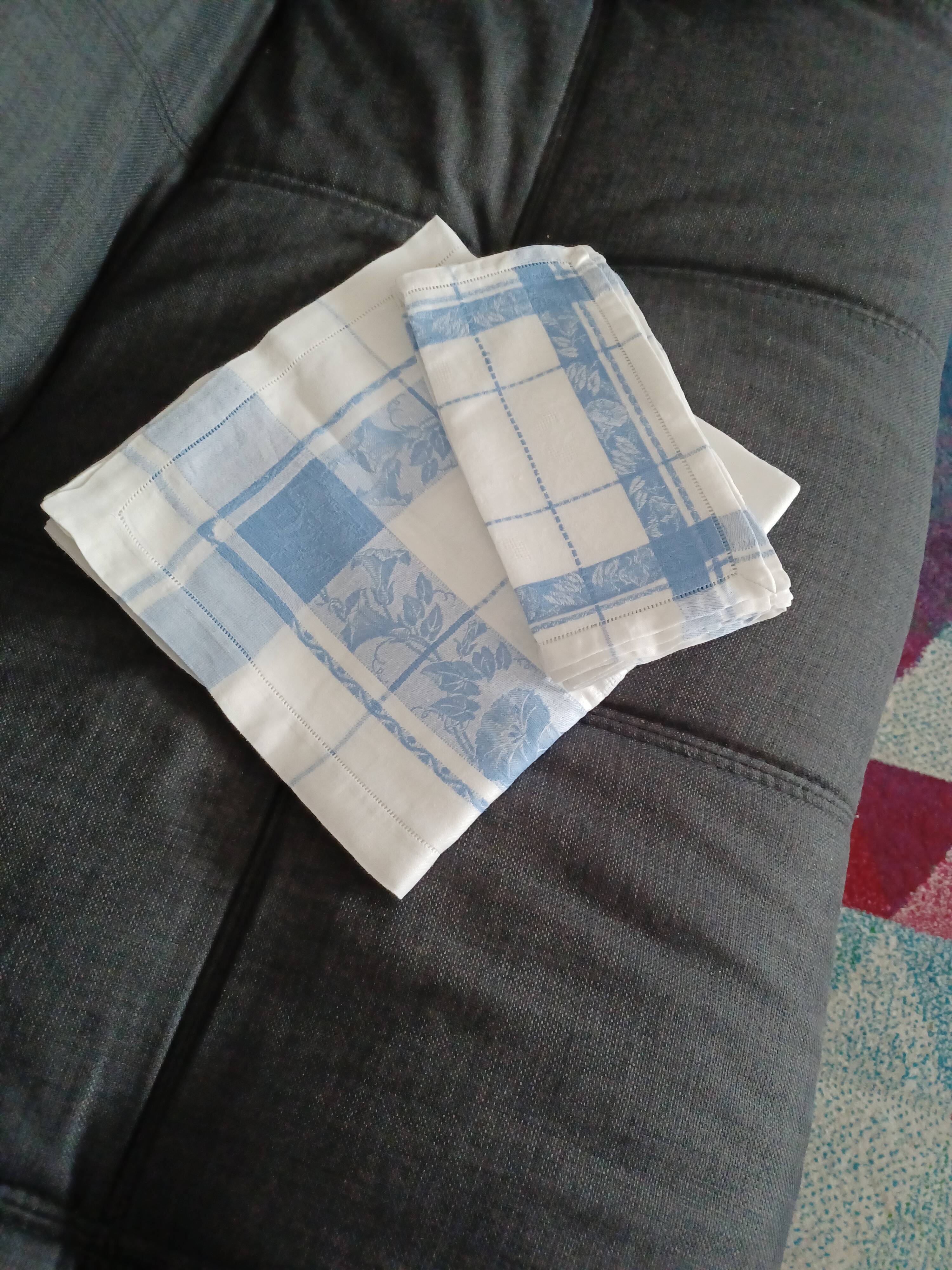 White and sky blue damask tablecloth and 10 towels