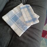 White and sky blue damask tablecloth and 10 towels