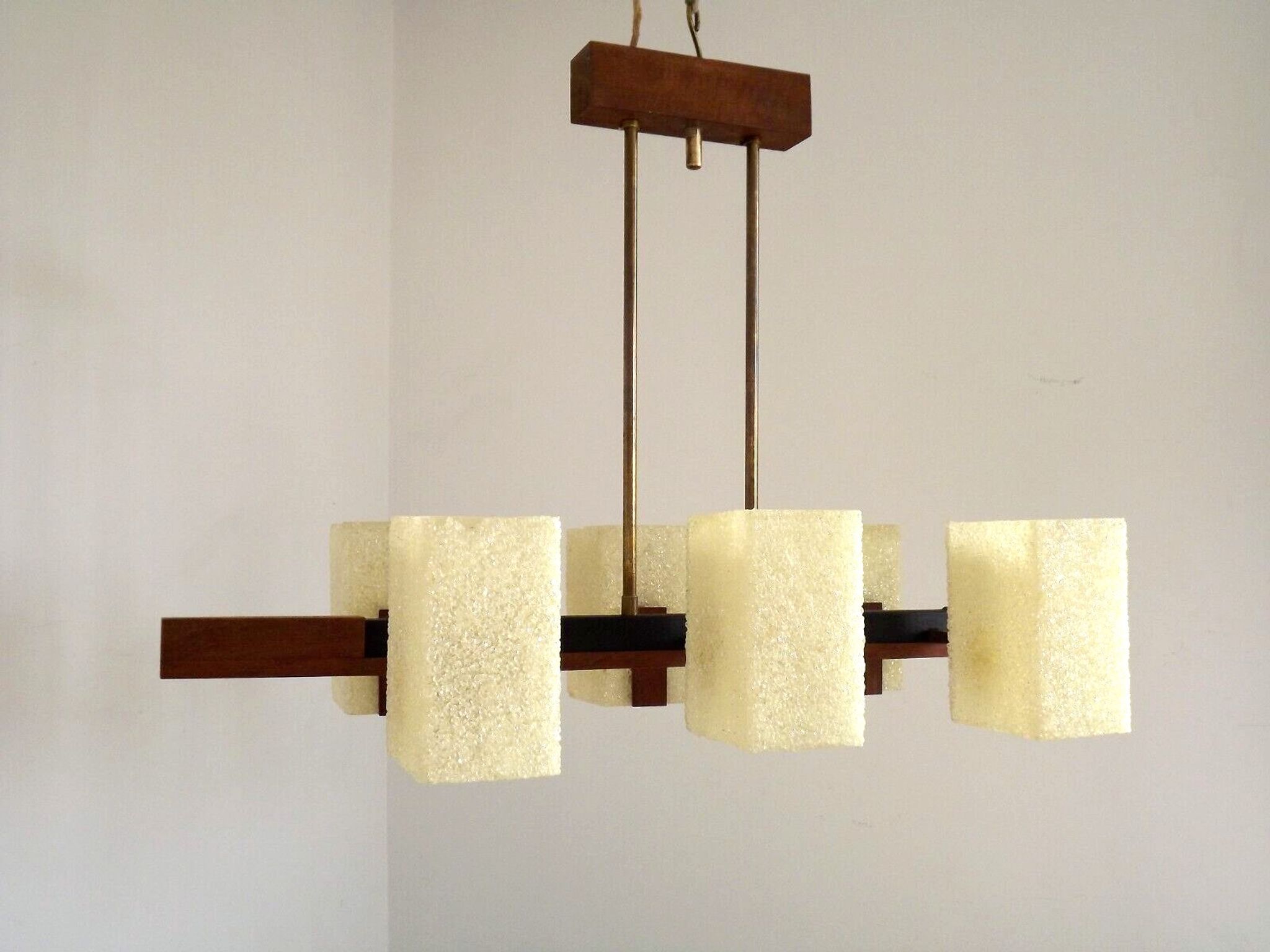 Super Retro 1960s Scandinavian Style 6 Light Teak Bass & Perspex Chandelier
