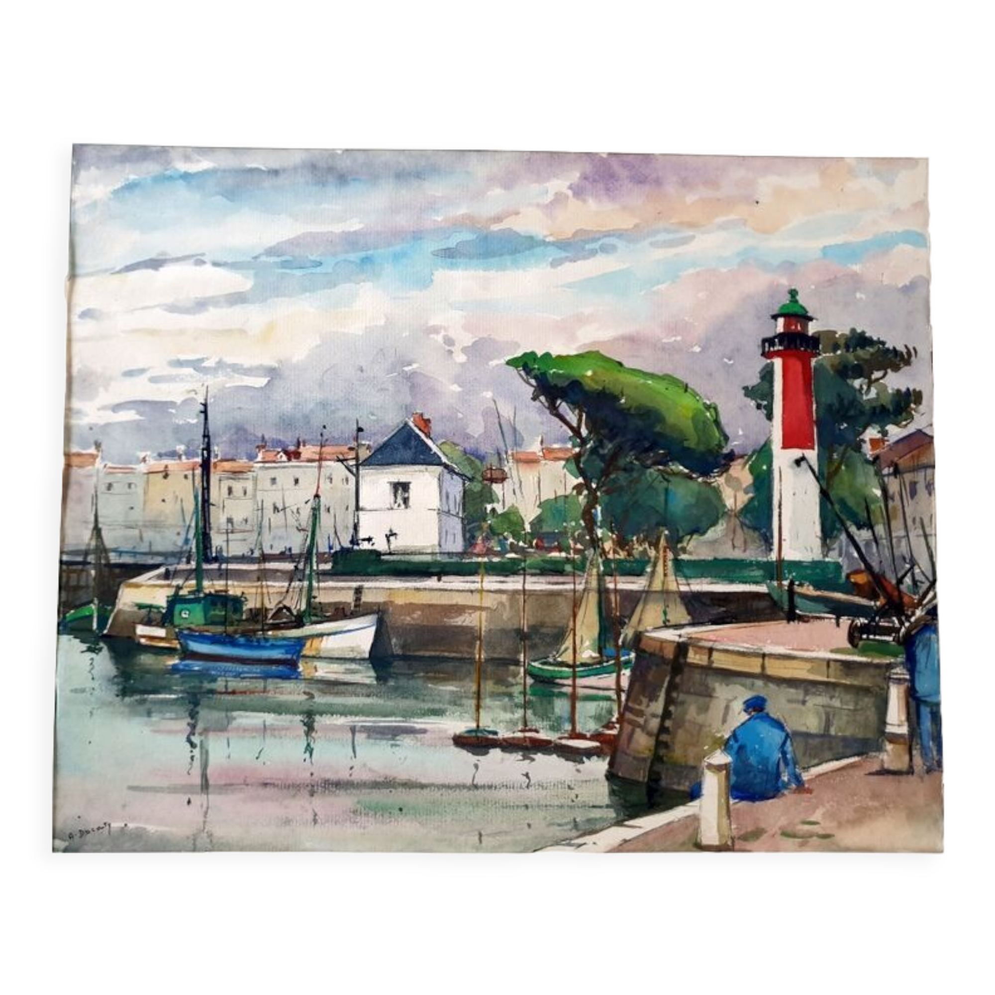 André Duculty (1912-1990) Watercolor on paper "Fishing port in the Mediterranean" Signed below