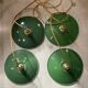 Vintage industrial enameled sheet metal pendant lights with golden wires, old green and white lampshade