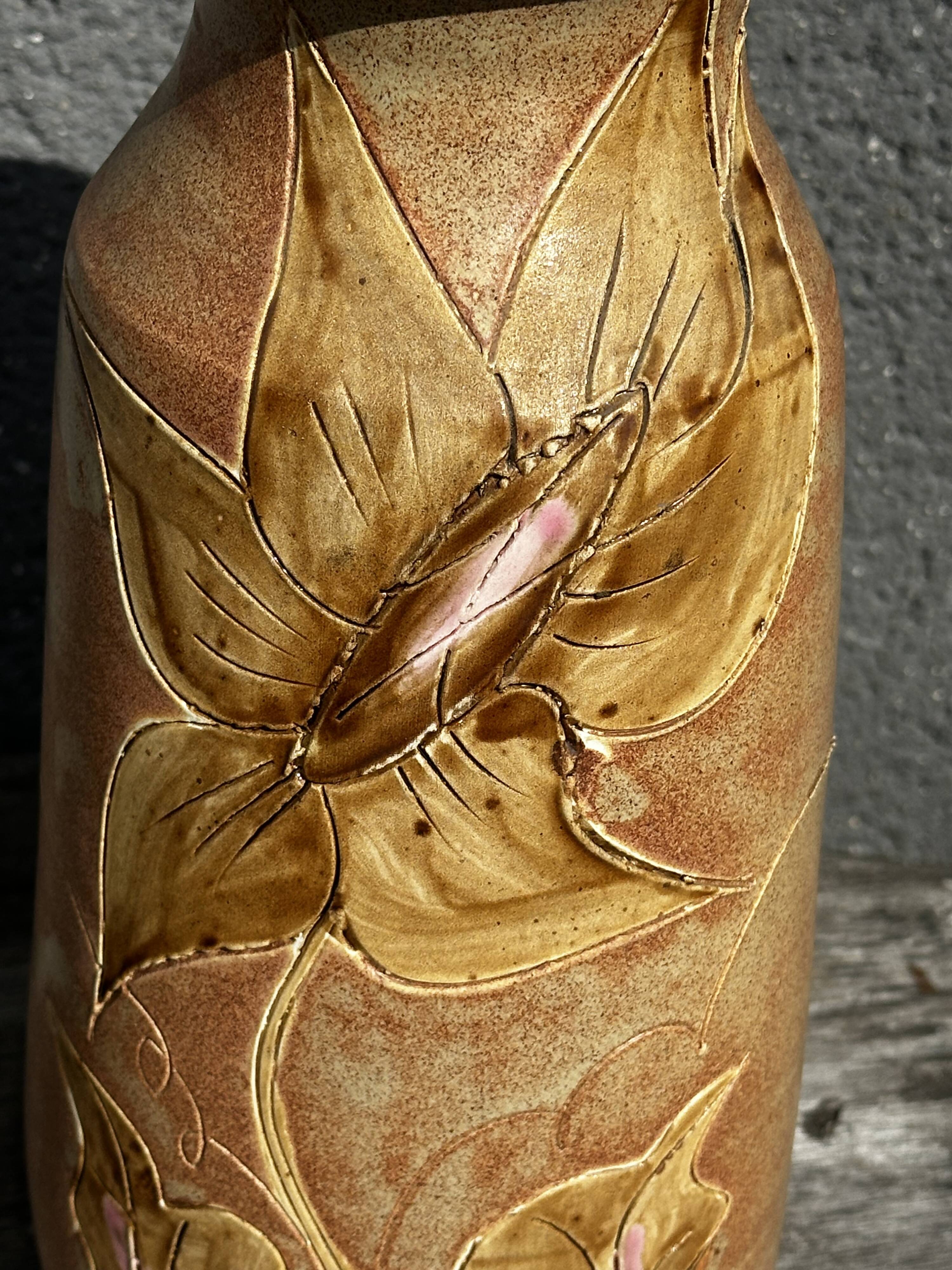 Vintage 1950s ceramic vase with floral decoration - signed Vallauris H 20 cm