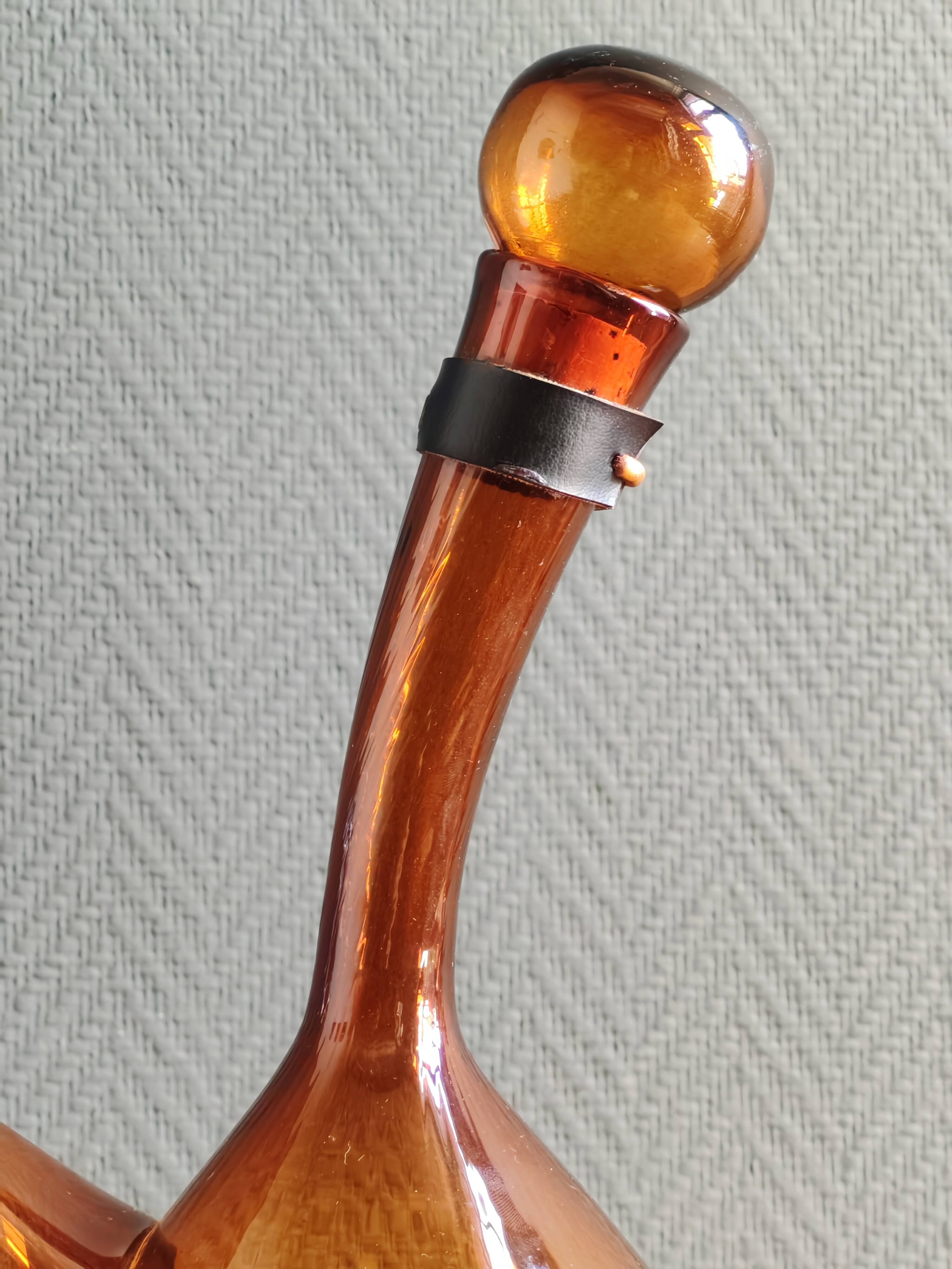 Vintage Amber Glass Wine Carafe - Artisan Decanter in Porron Style