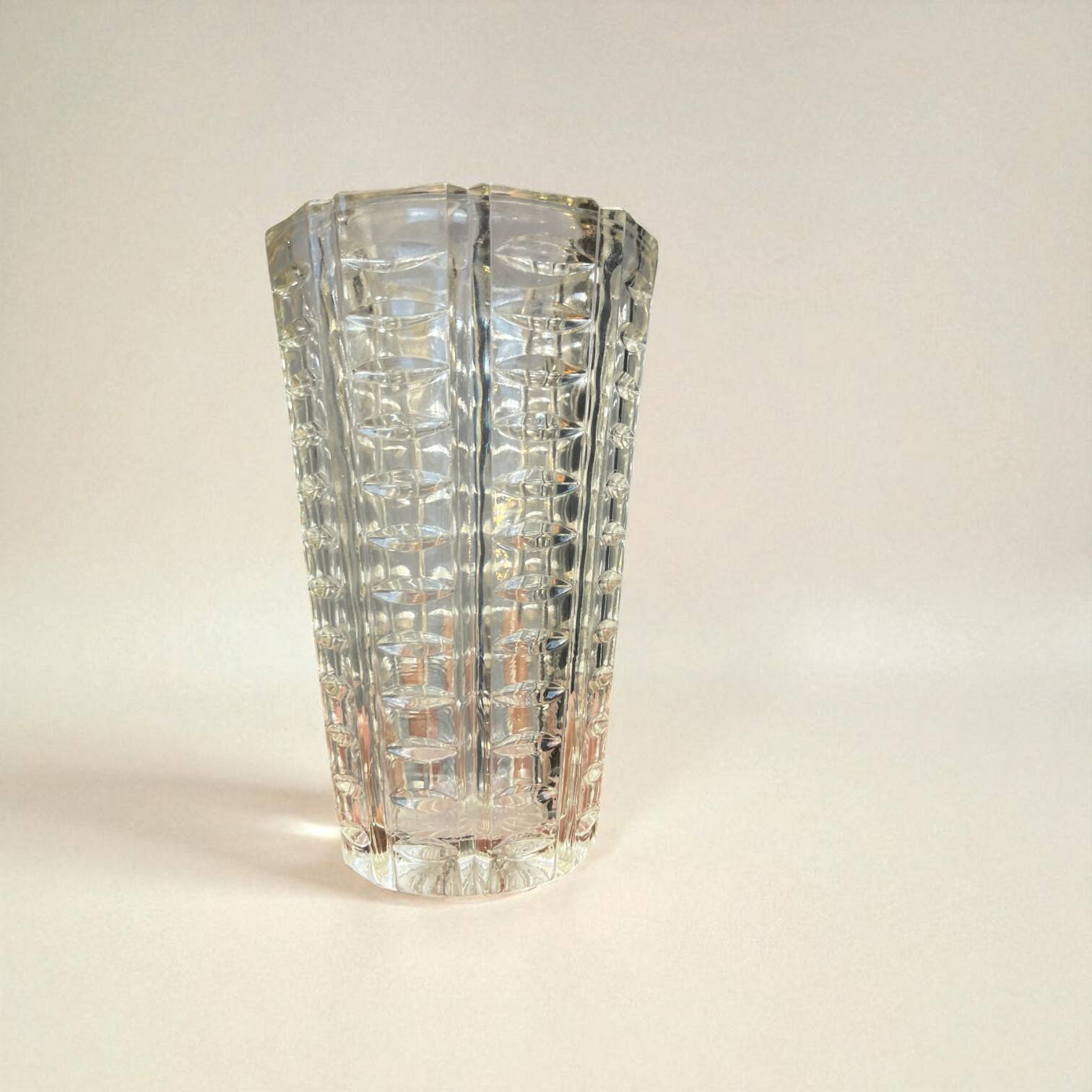 Art Deco geometric pattern molded glass vase from the 1940s