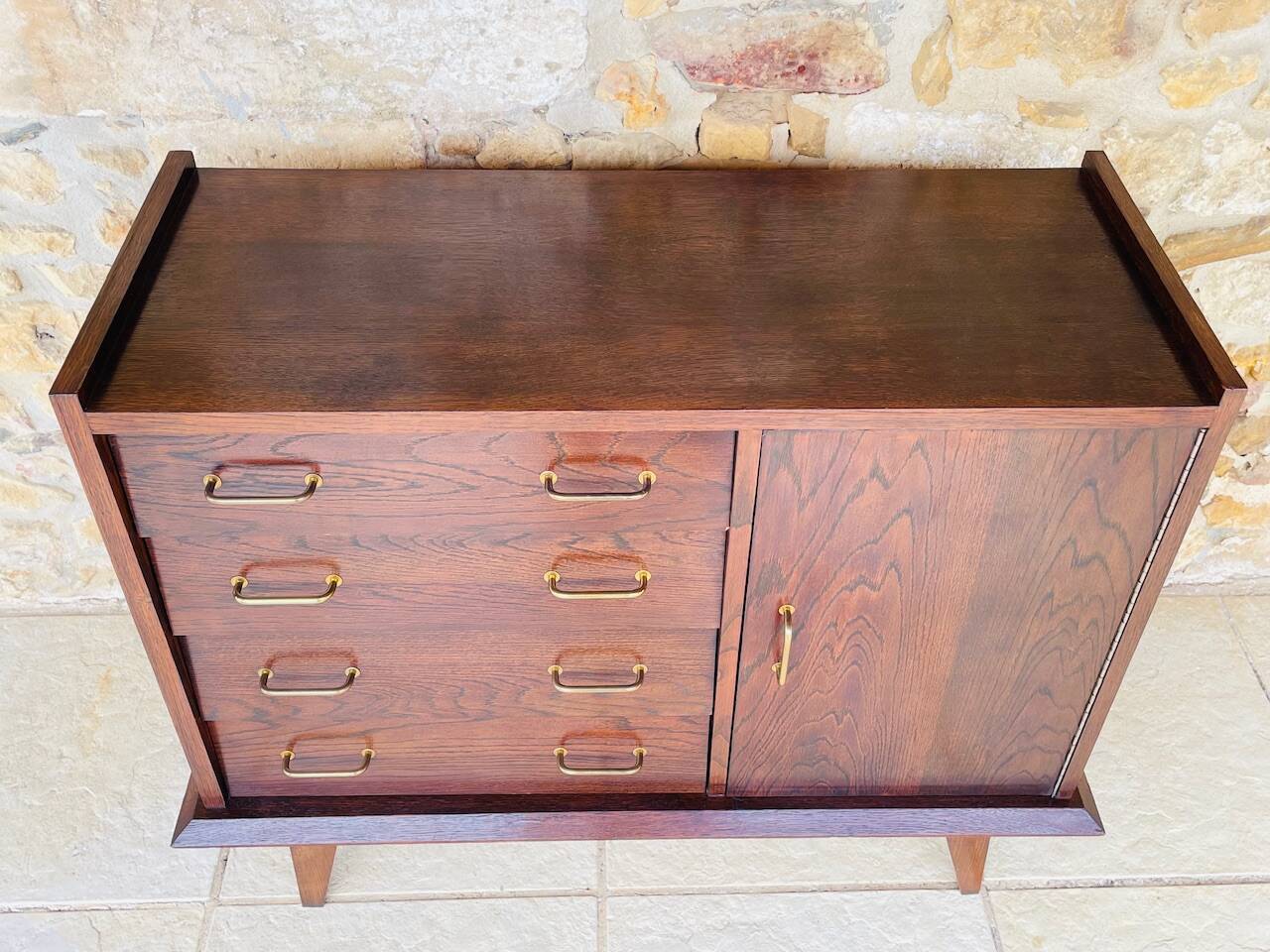 Large vintage chest of drawers with four drawers and one door in oak, circa 1960s