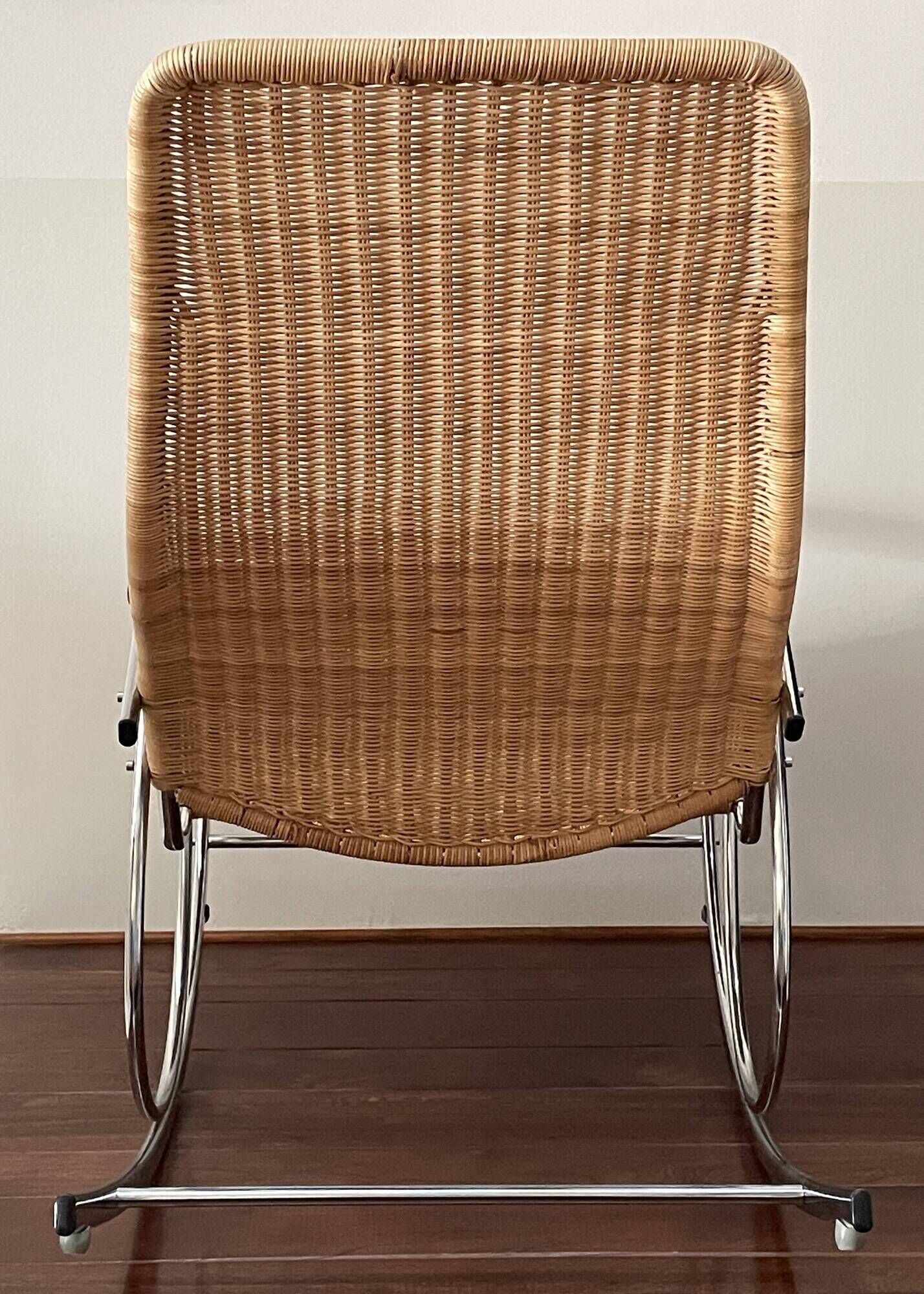 Bauhaus style rocking chair, chrome metal, rattan and beech wood, 1960-70