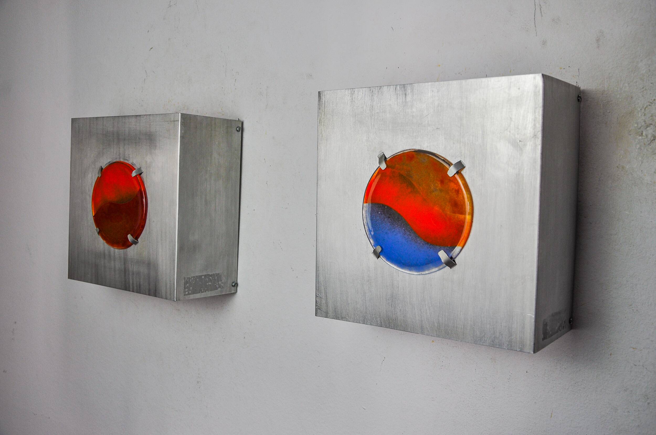 Pair of space-age wall lights, "fusing" glass, Germany, 1970