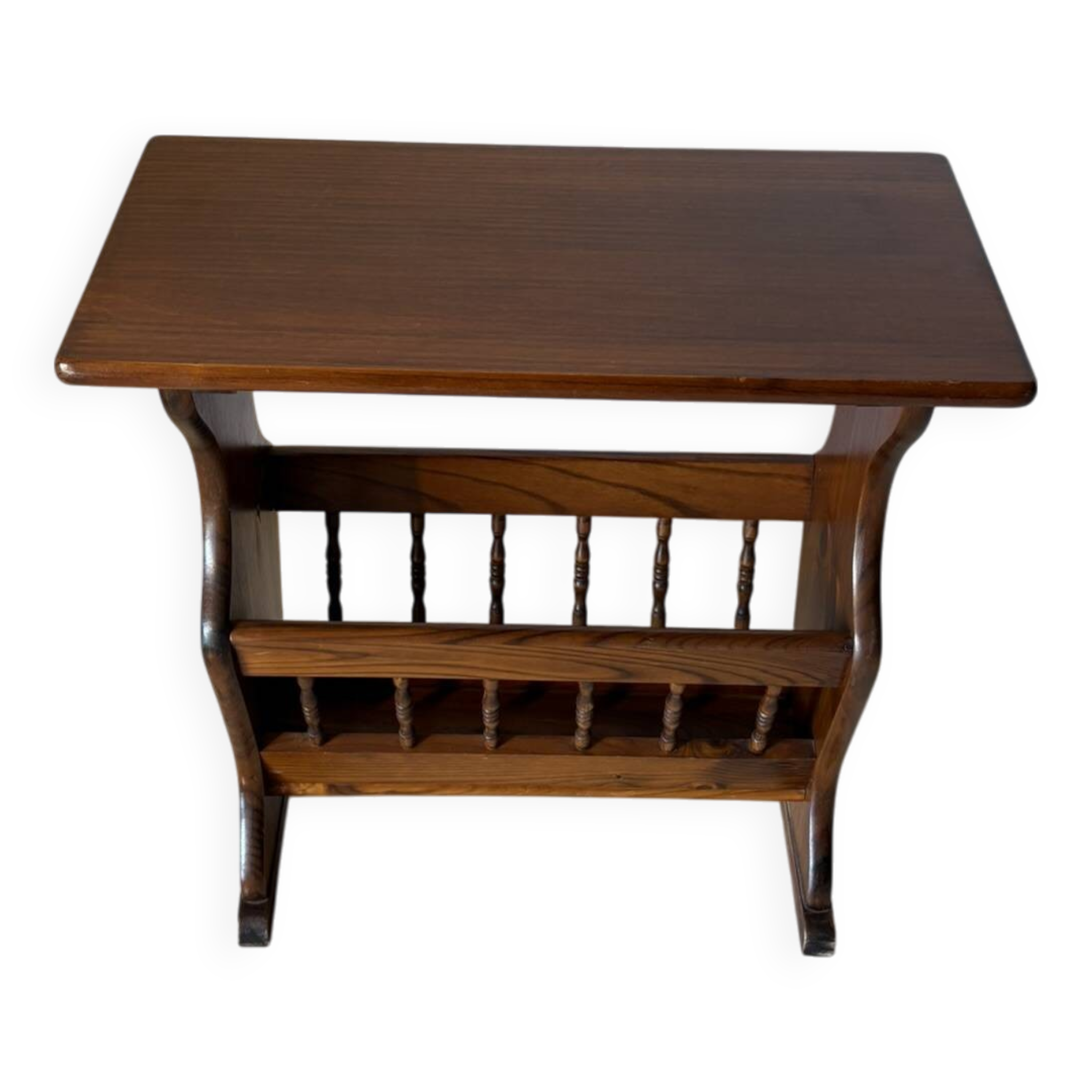 Side table, vintage turned wood magazine rack