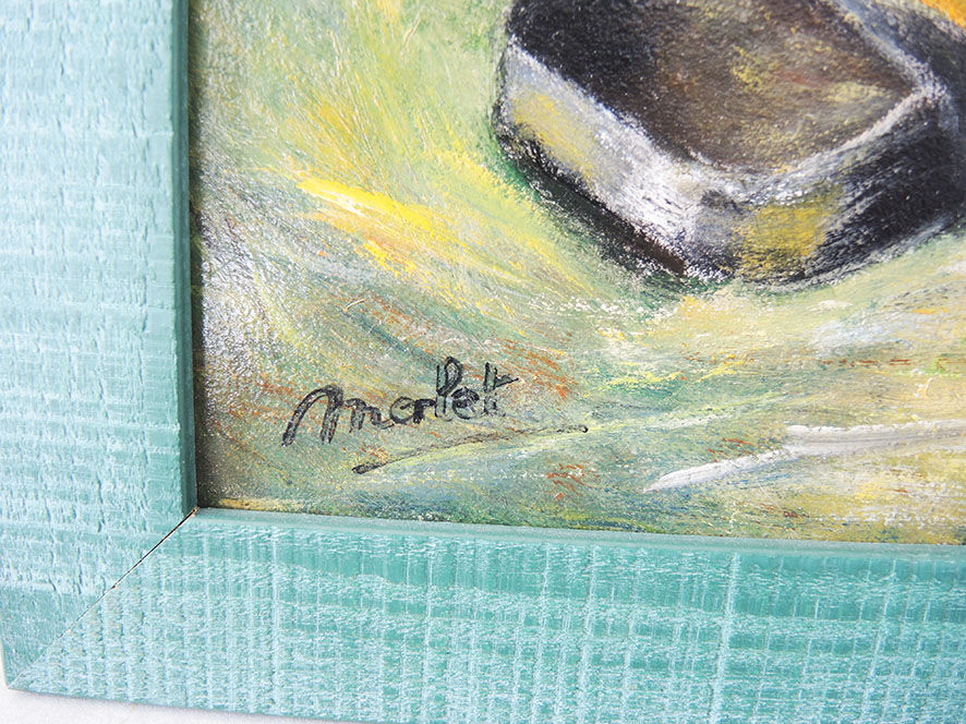 Oil on wood framed and signed Henri Merlet rooster & hen