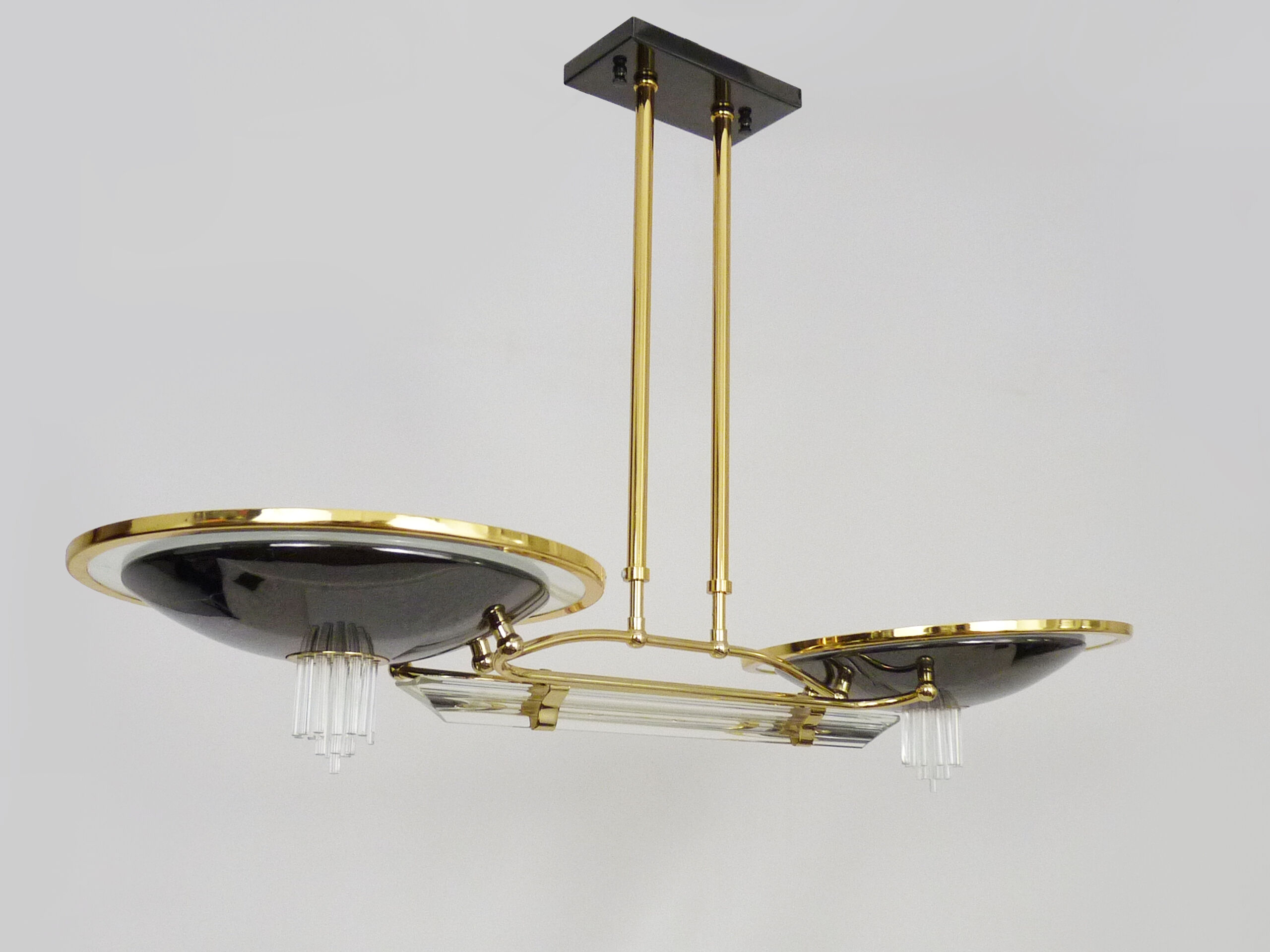 Venini-style halogen chandelier with two arms in brass, anthracite metal and glass. Eighties