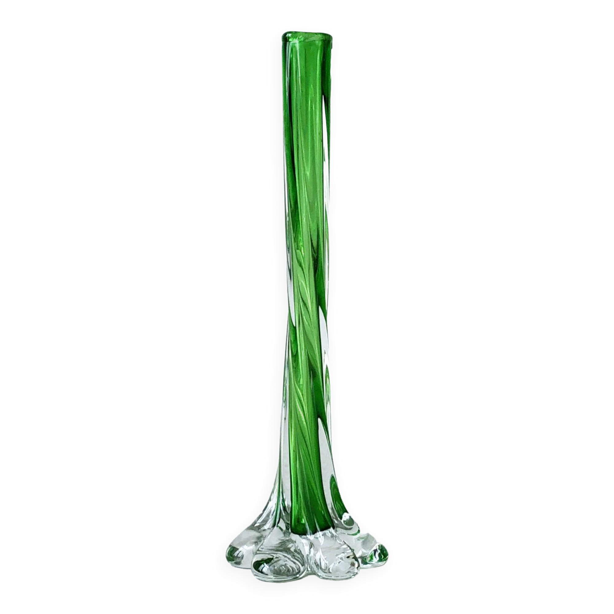 Translucent glass soliflora, long spiral twisted vase with flower-shaped foot