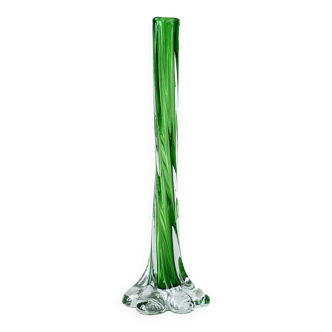 Translucent glass soliflora, long spiral twisted vase with flower-shaped foot