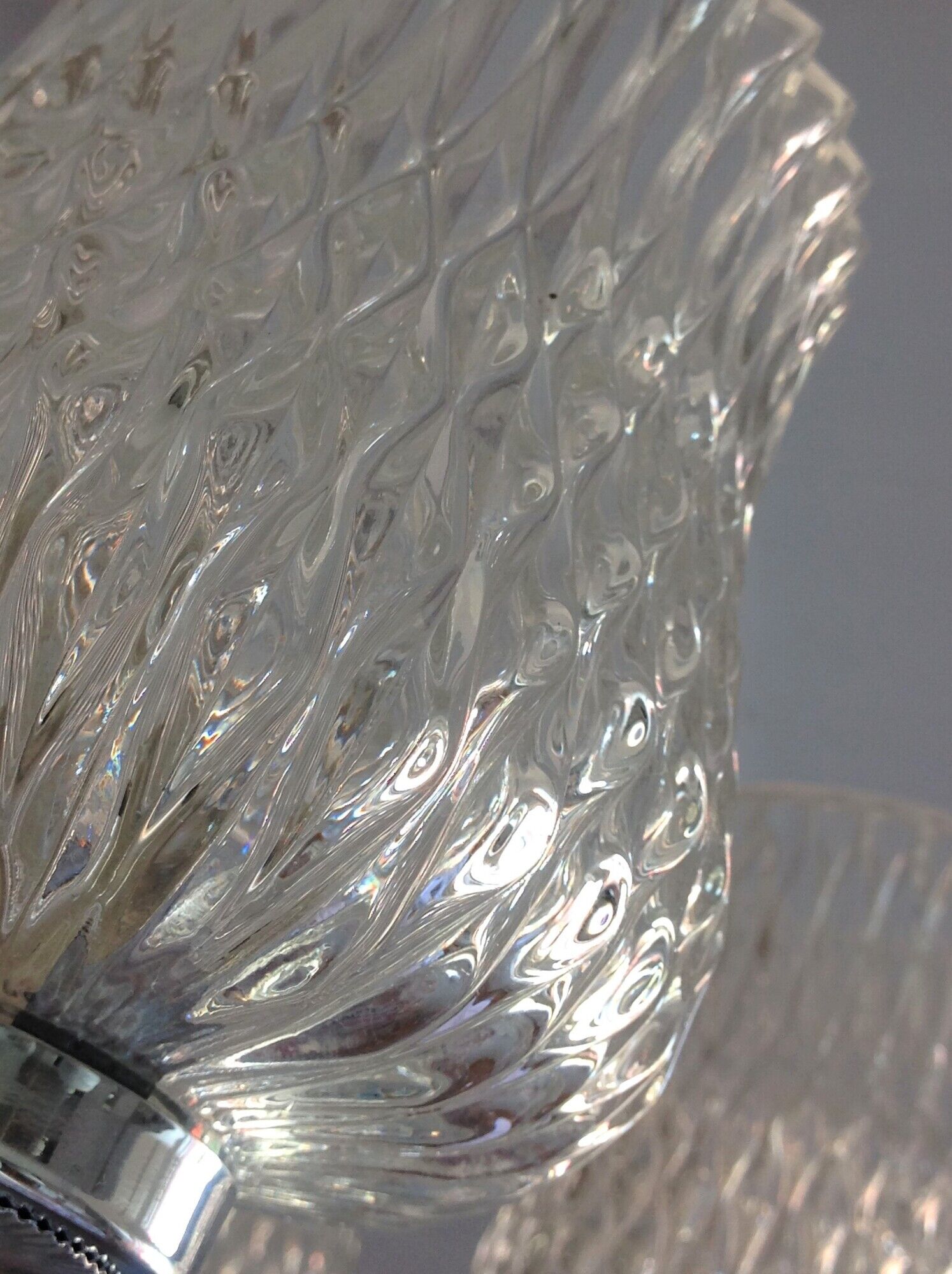 Five-spoke chandelier in chrome-plated metal and structured/vintage glass 60s-70s