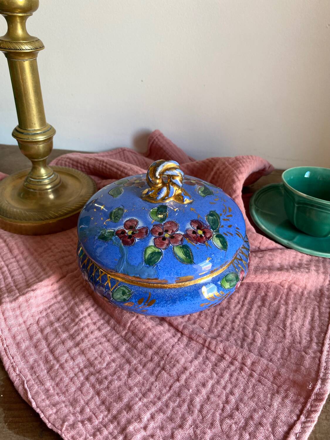 Old blue earthenware jewelry box