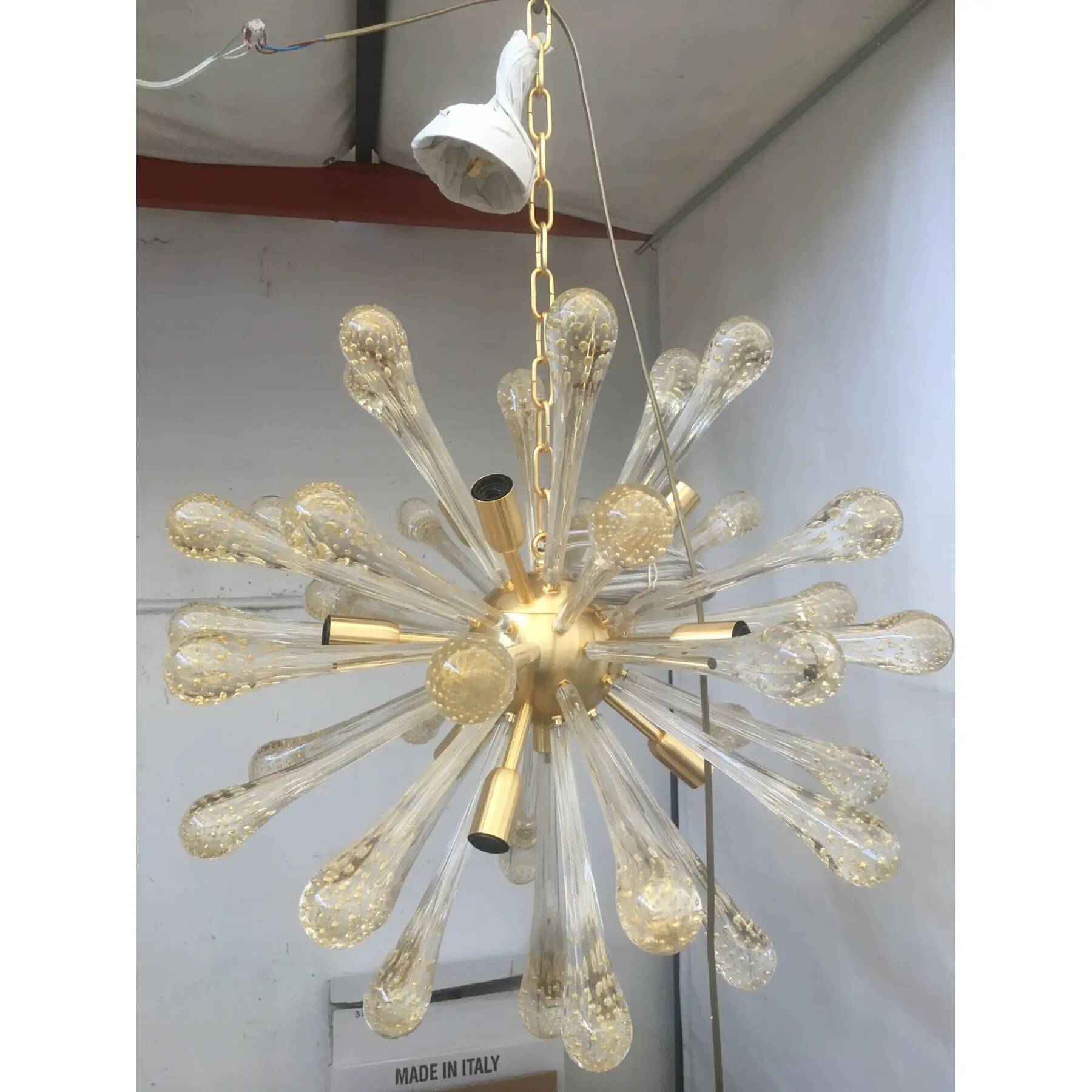 Murano Glass Sputnik Chandelier Featuring Gold Air Drops and Brushed Metal