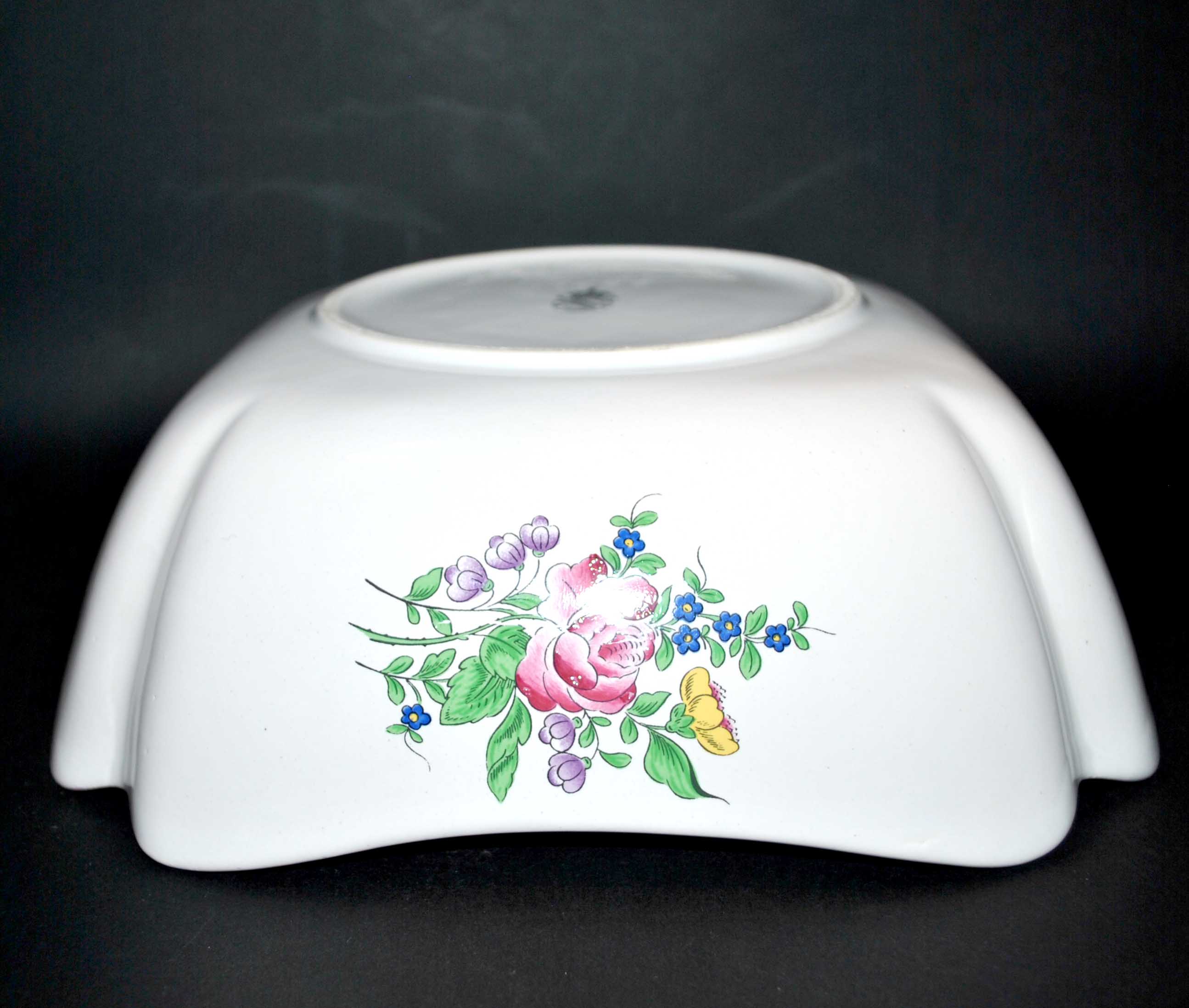 Salad bowl square cut floral vintage earthenware KG LUNEVILLE model Lamppost polychrome