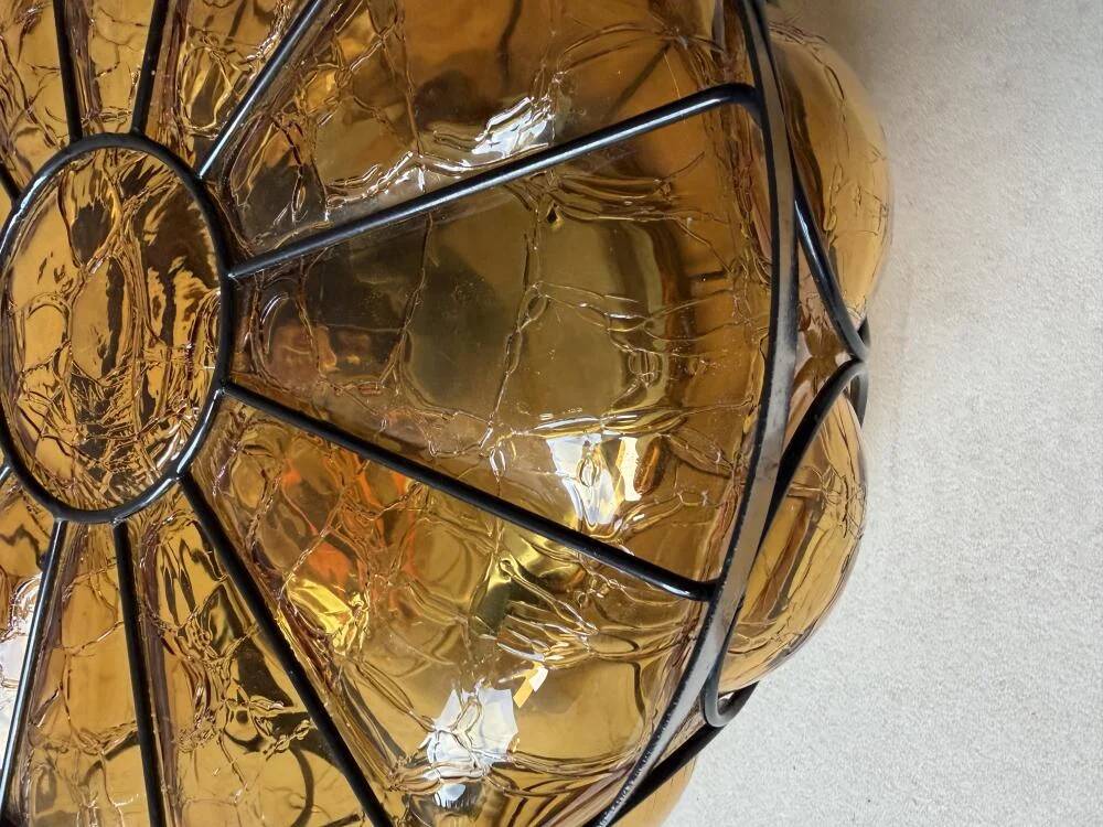 Vintage ceiling lamp amber crackle glass 1970s