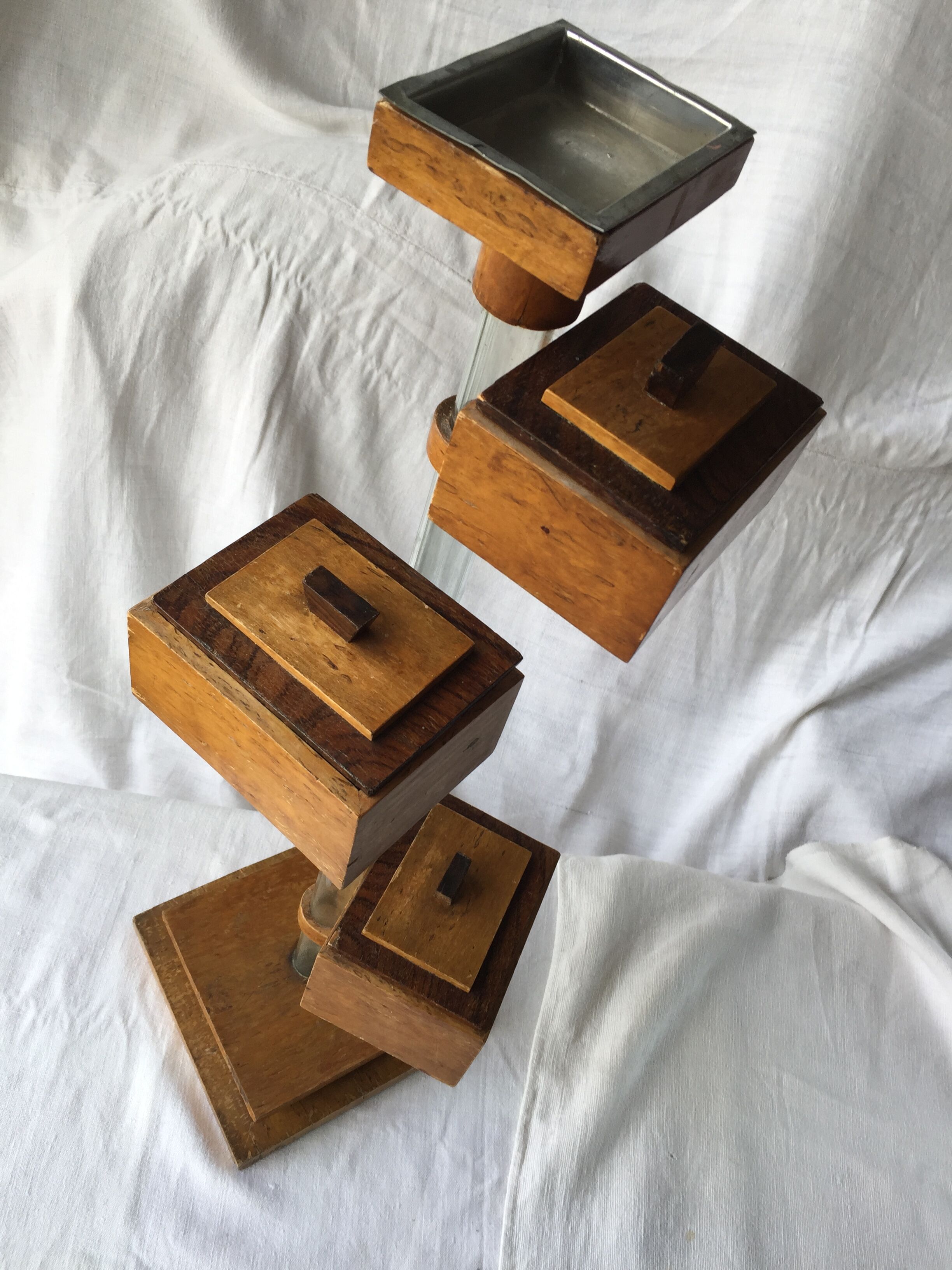 Small 1930s wooden and glass furniture with sliding storage boxes