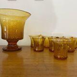 Old Punch Service Style BIOT Bucket + 8 Vintage Orange Bubble Glass Cups