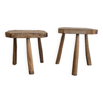 Pair of vintage brutalist stools in solid wood