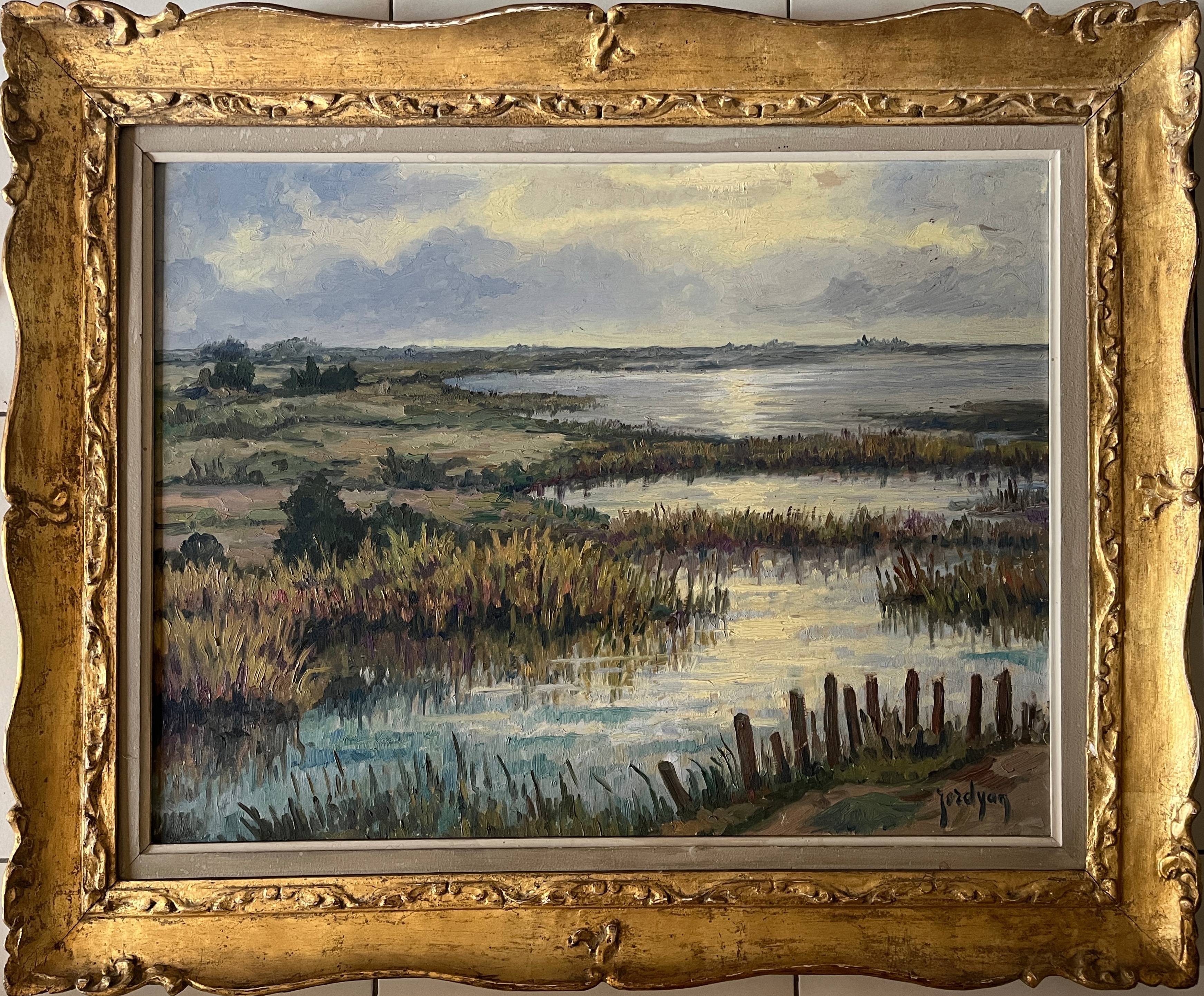 HSP painting, early 20th century, "Camargue Landscape" signed Jordyan + frame