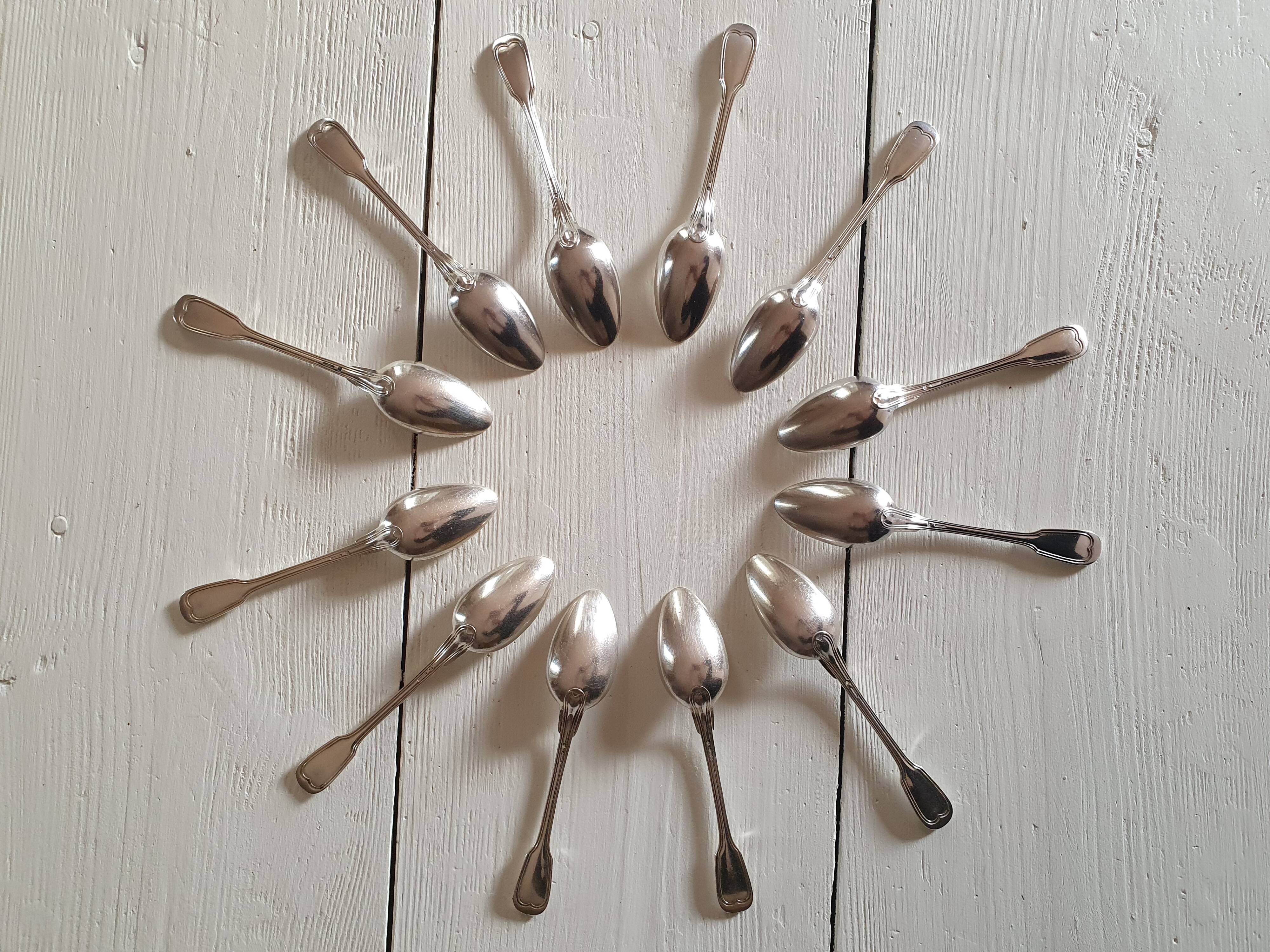 12 small silver metal spoons Christofle mesh model