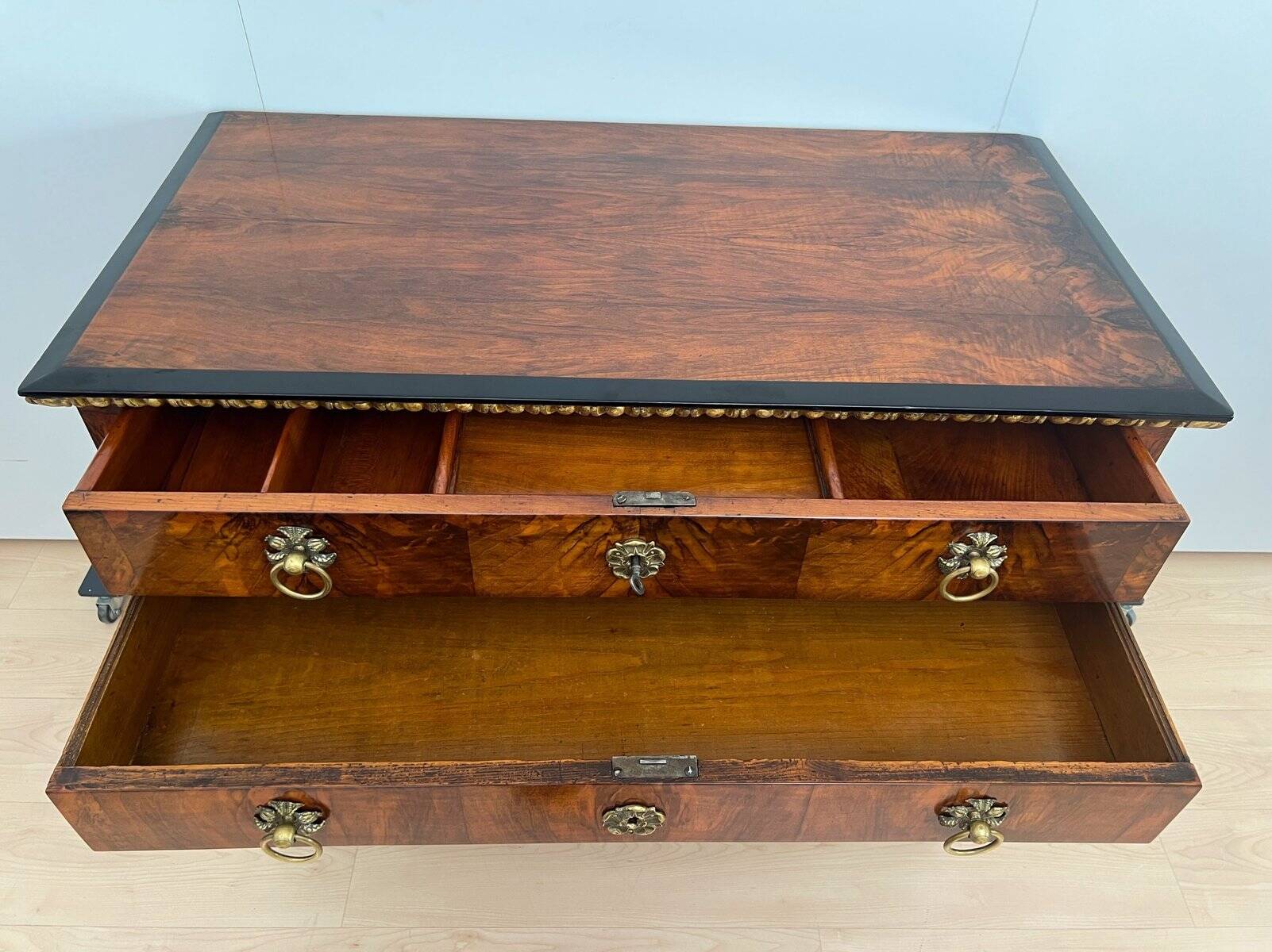 Biedermeier Chest in Walnut Veneer, Cherry, Gold Leaf & Brass, Austria, 1815