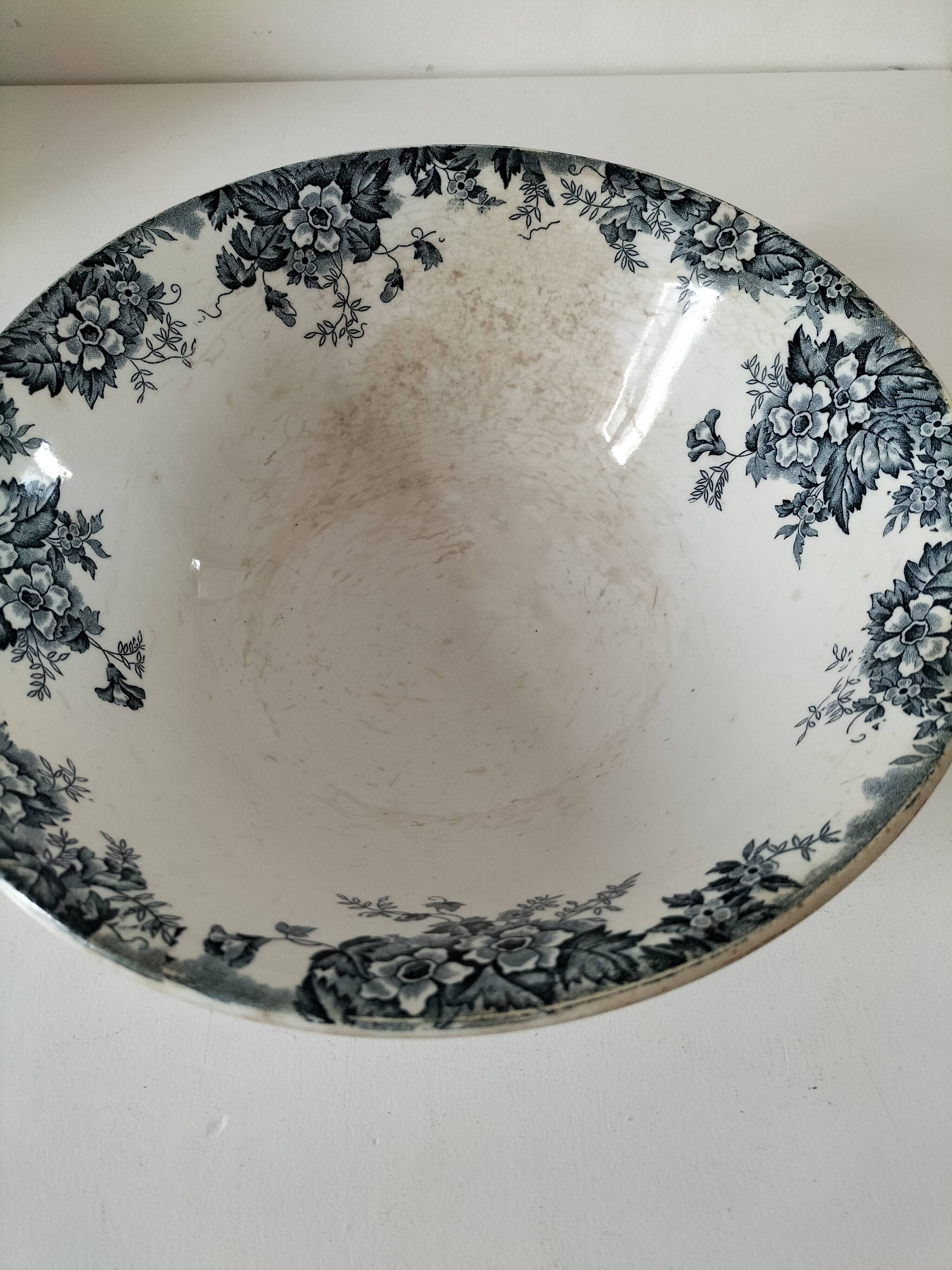 Antique salad bowl from Moulin des Loups, blue Marie-Louise pattern