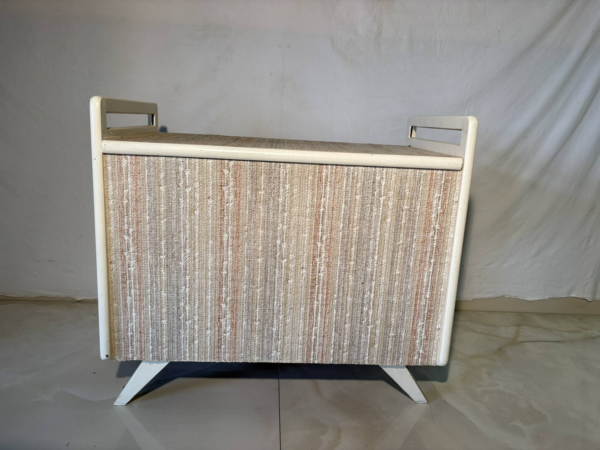 Vintage upholstered chest, white lacquered wooden structure, 1960s-70s