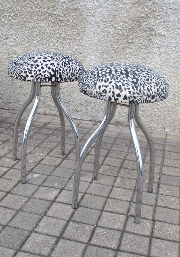 Lot de 2 tabourets champignon vintage DESIGN en métal chromé et assise velours Léopard