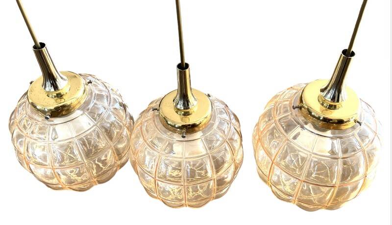 Triple Art Deco style amber glass pendant light