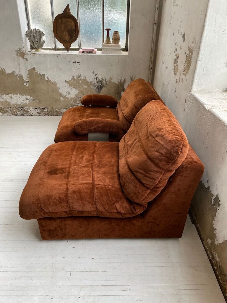Pair 70s brown velvet armchairs