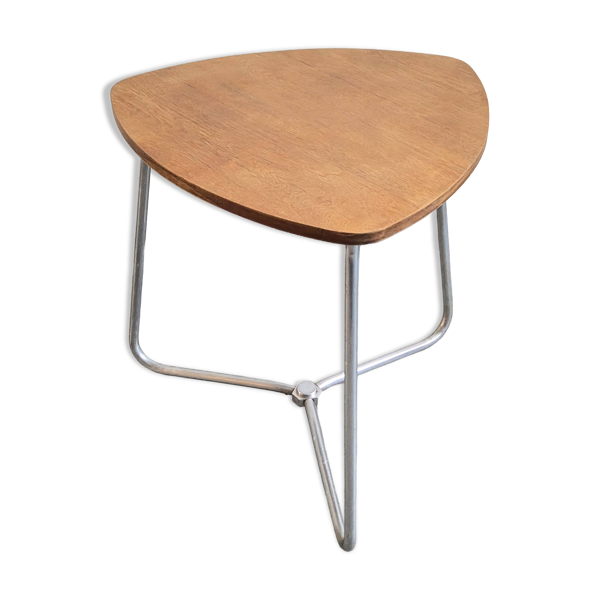 Table d'appoint, guéridon en hêtre et aluminium dans le goût de Jacques Hitier, années 1950