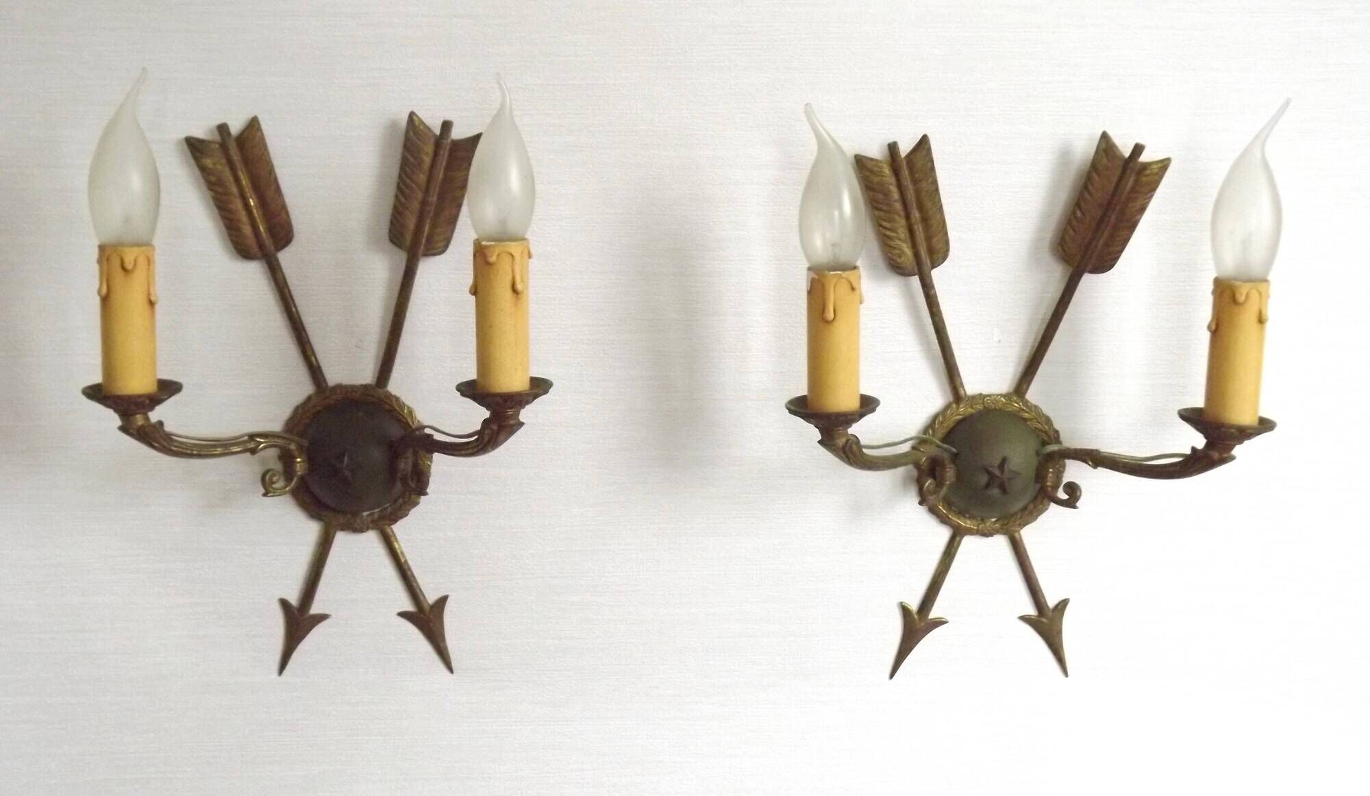 French Vintage Bronze Empire Arrow & Quiver Criss Cross Double Wall Sconces