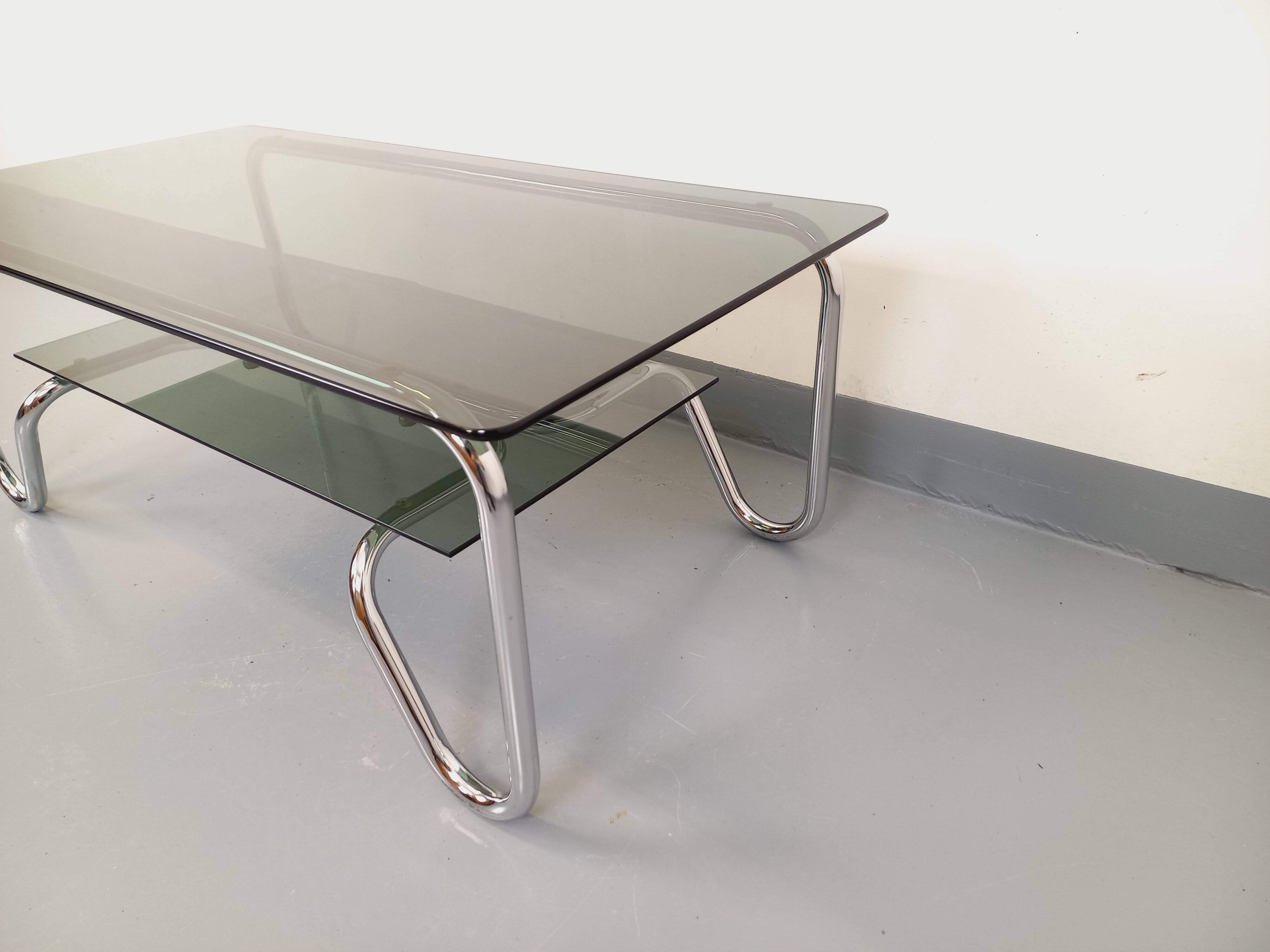 Vintage Italian rectangular coffee table with 2 smoked glass tops