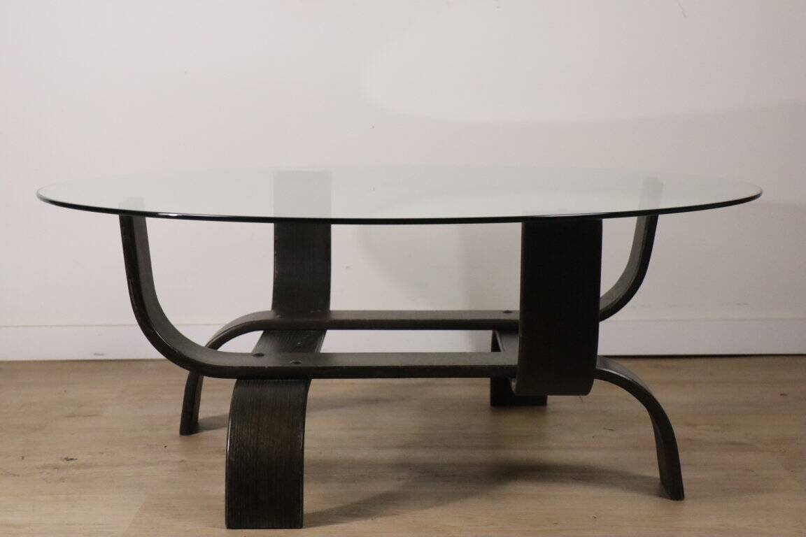 Vintage Fubo coffee table – curved wood & smoked glass – 1970s