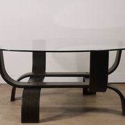 Vintage Fubo coffee table – curved wood & smoked glass – 1970s