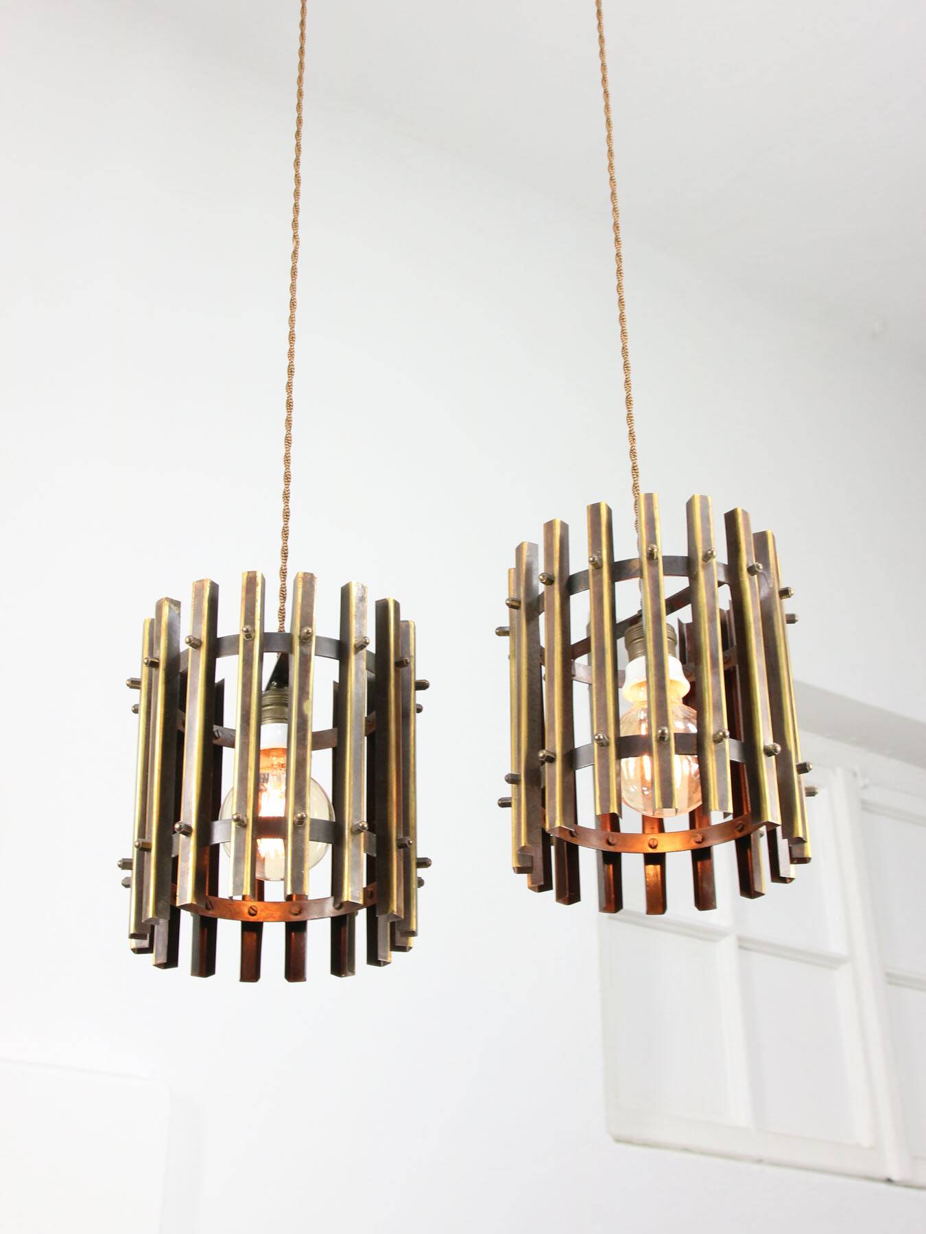 Vintage Italian Brass Cage Pendant Lamps, 1970s, set of 2