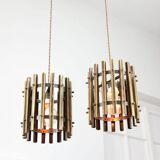Vintage Italian Brass Cage Pendant Lamps, 1970s, set of 2