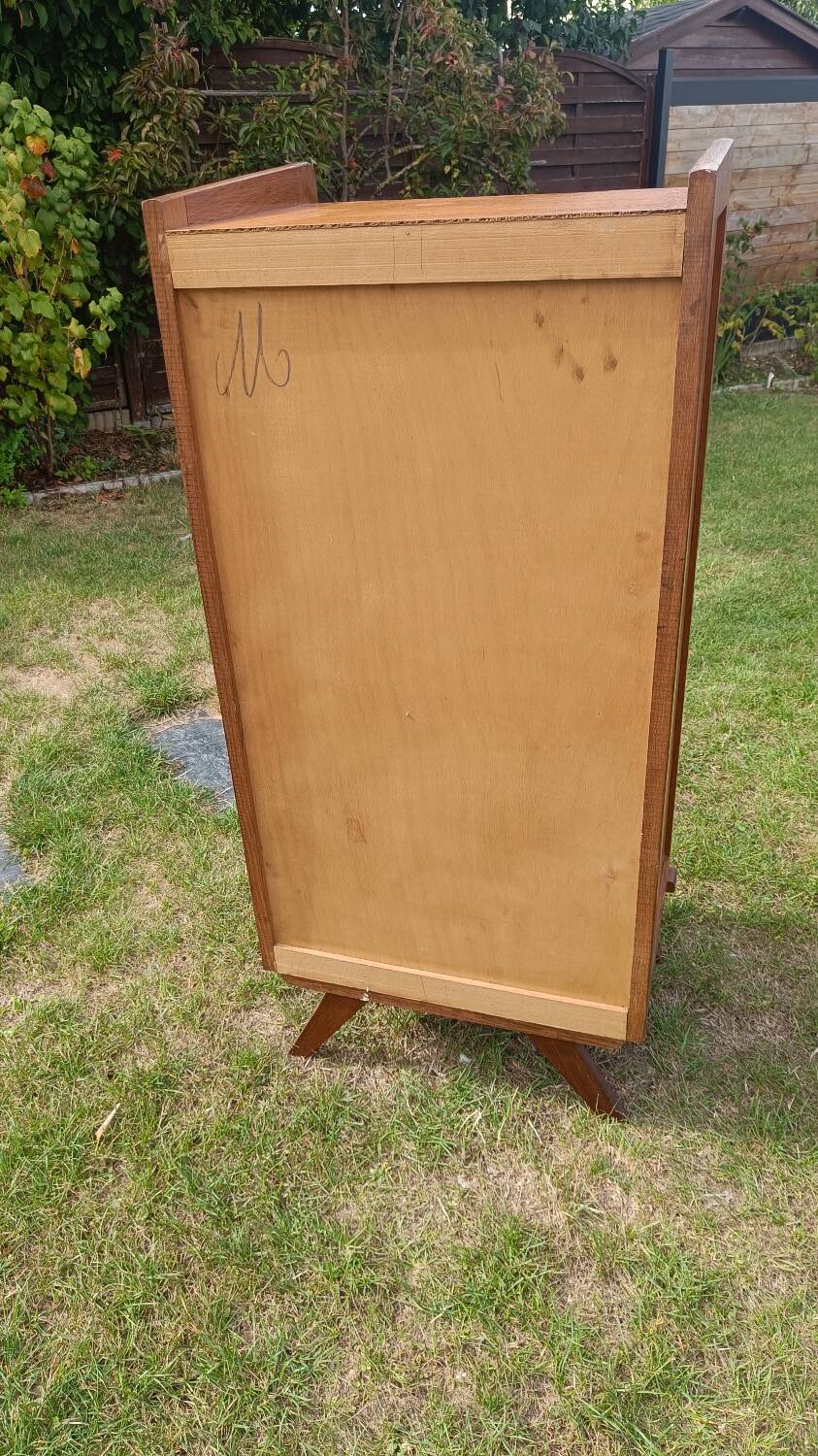 Tall chest of drawers in wood and rattan with splayed legs