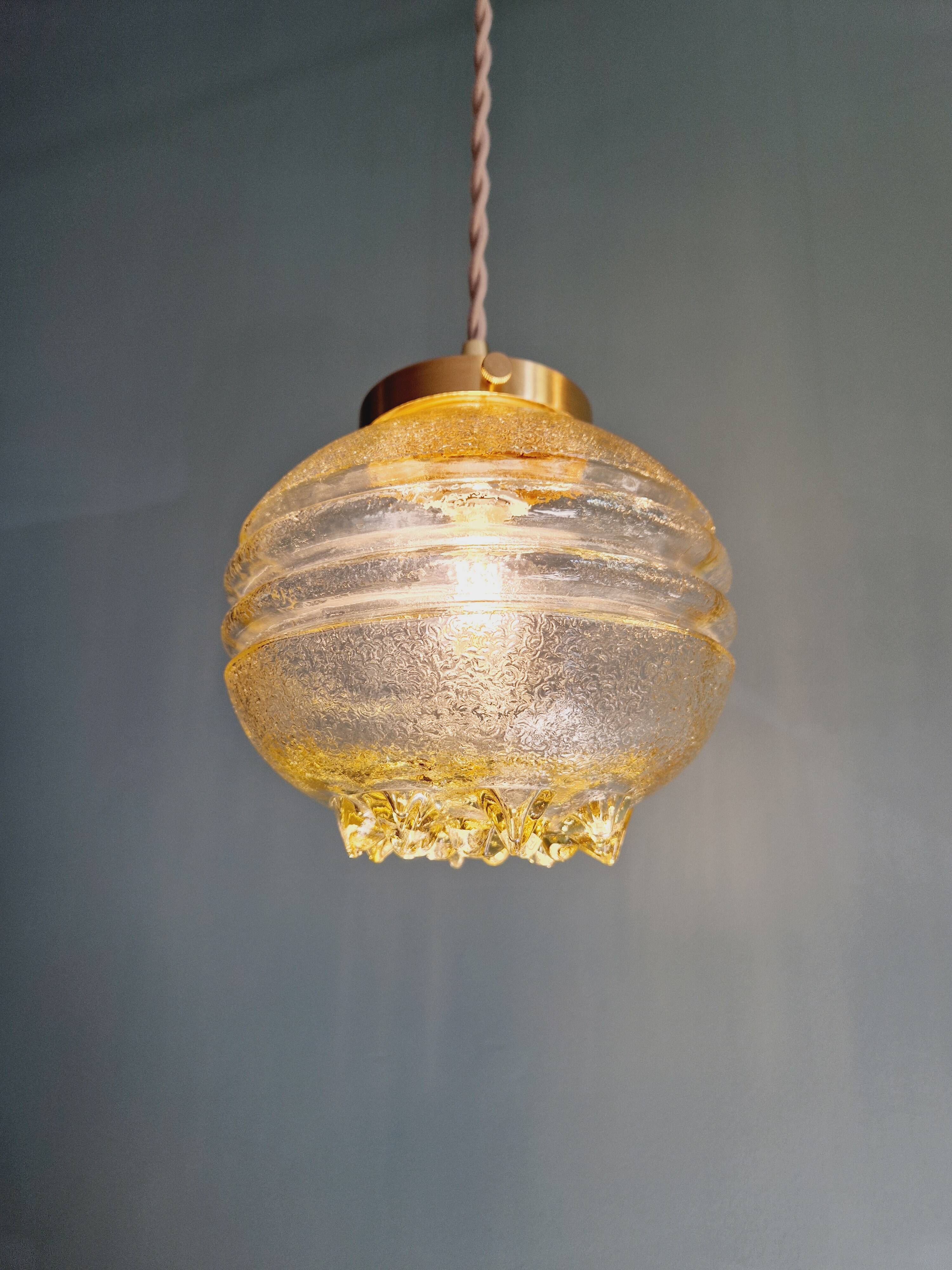 Space Age pendant light in yellow clear glass (13 available), 1960s-70s