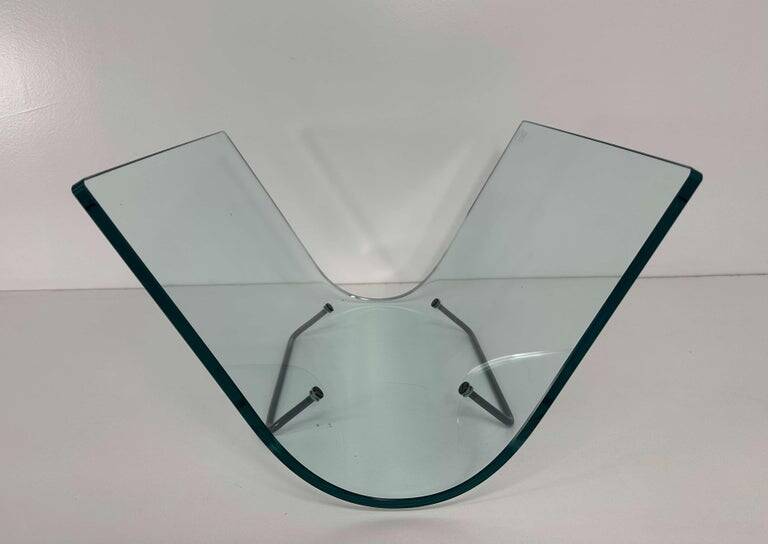 Italian Curved Glass and Metal Magazine Holder, FIAM, 1980s