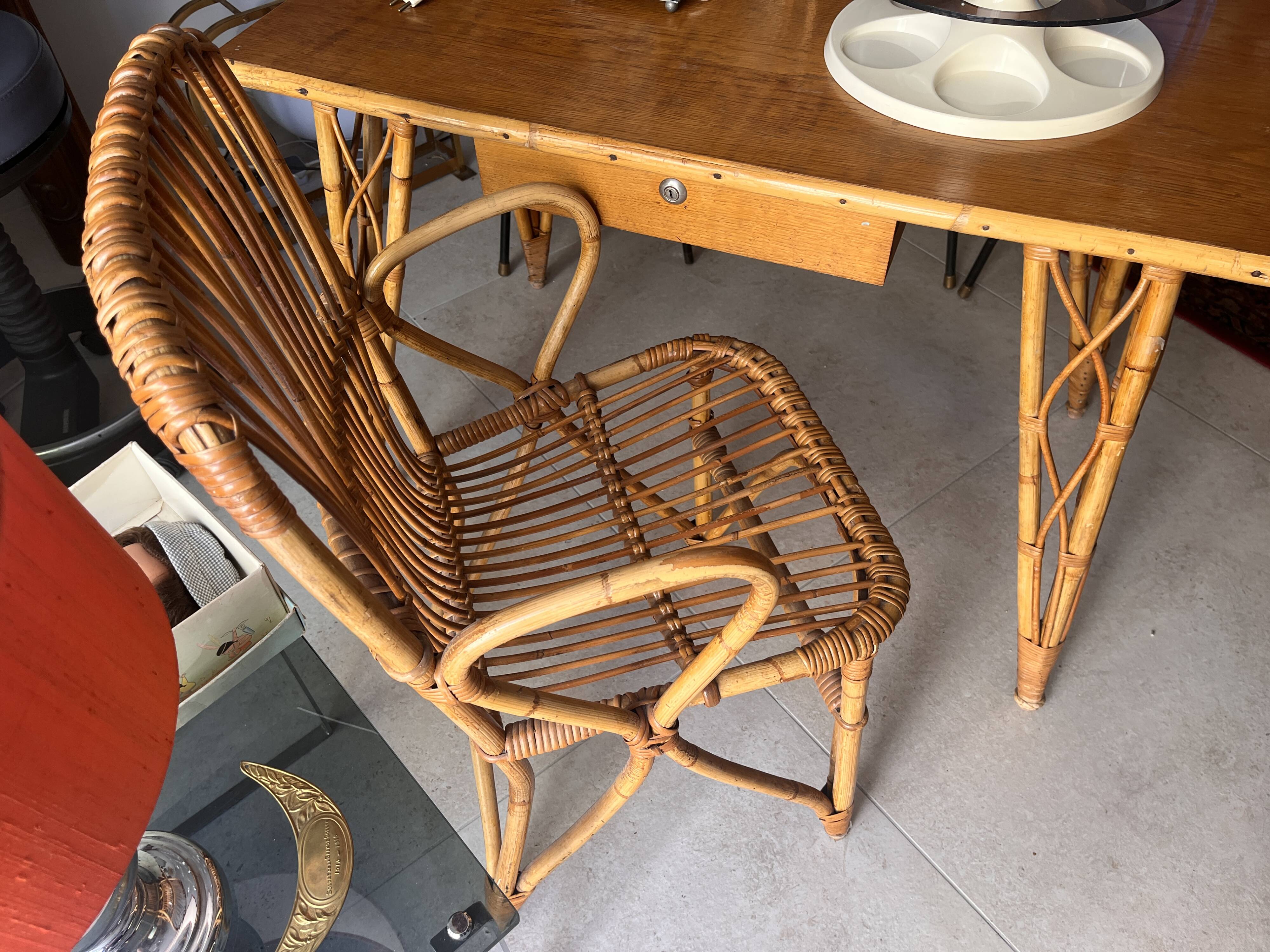 vintage 1960s rattan desk with Eiffel Tower legs
