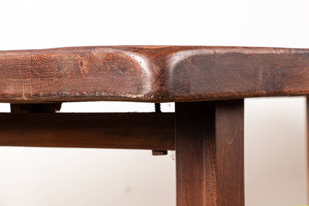 Large brutalist dining table in solid Elm, inspired by Olavi Hanninen, 1960.