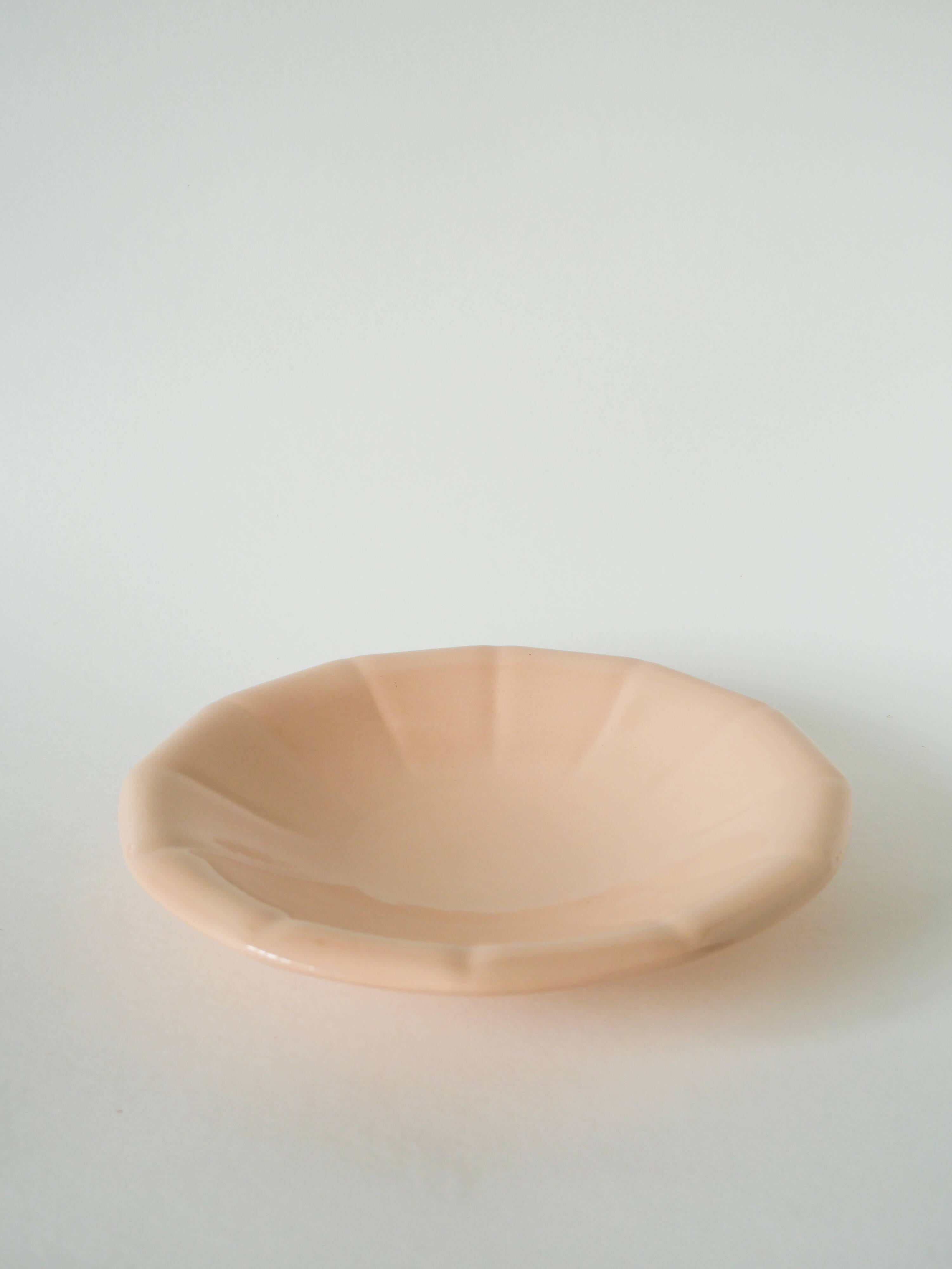 Digoin Sarreguemines pleated hollow dish, powder pink, 1960